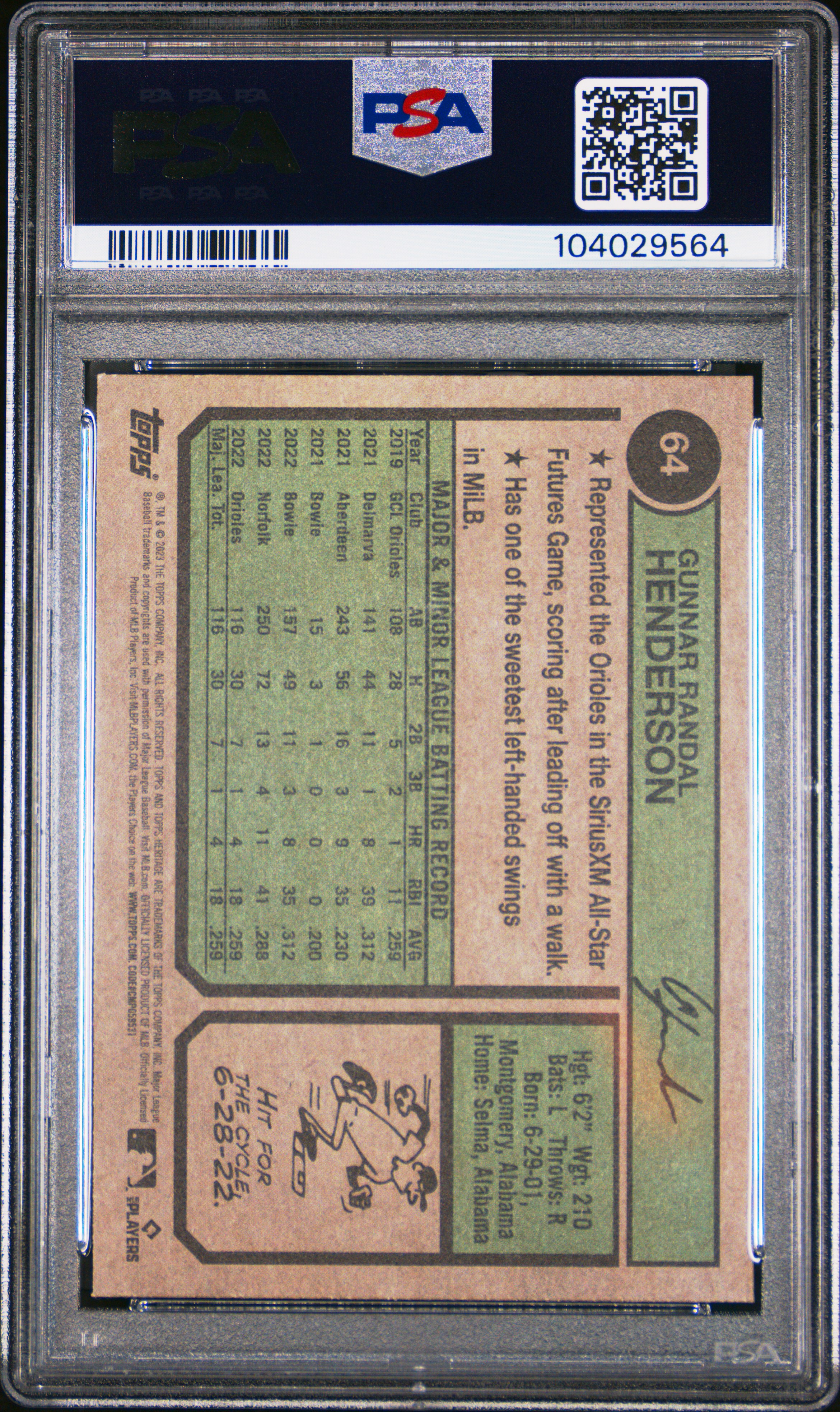 2023 Topps Heritage Gunnar Henderson #64 Gem Mt 10 back