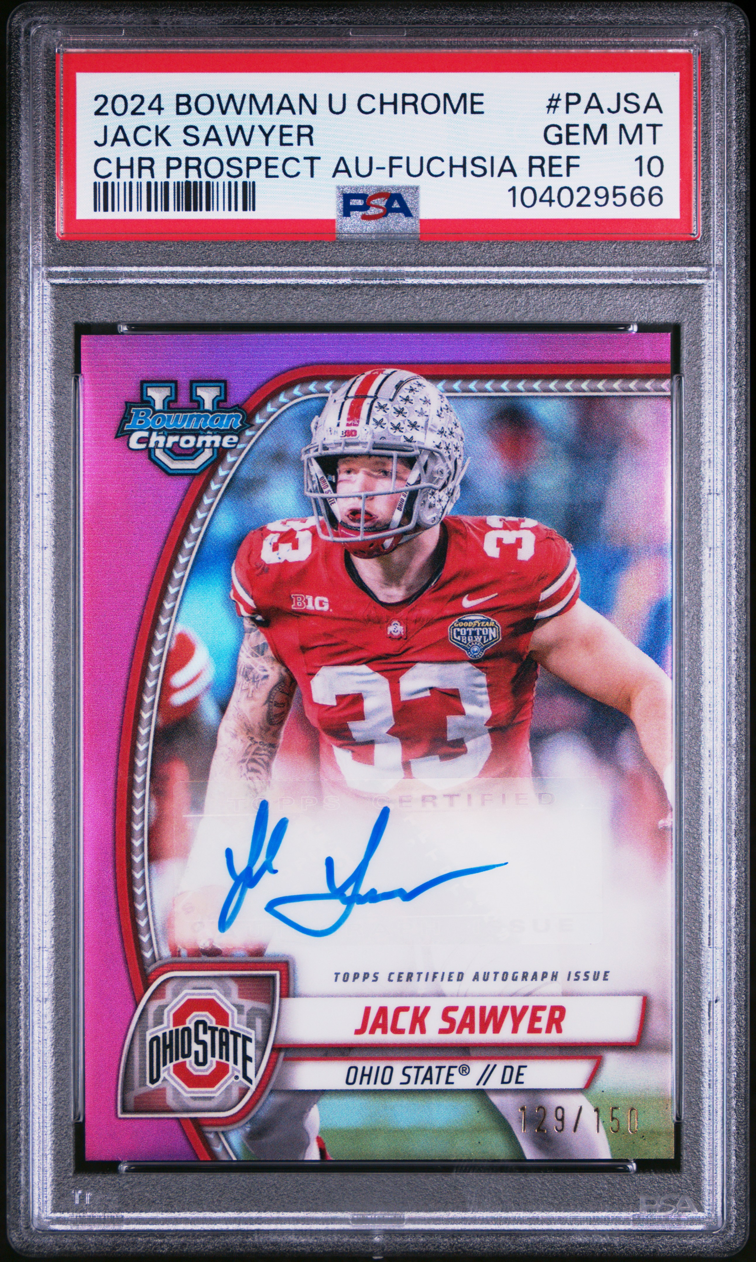 2024 Bowman University Chrome Bowman Chrome Prospect Autographs Jack Sawyer #Pajsa (Chr Prospect Au-Fuchsia Ref) Gem Mt 10 front