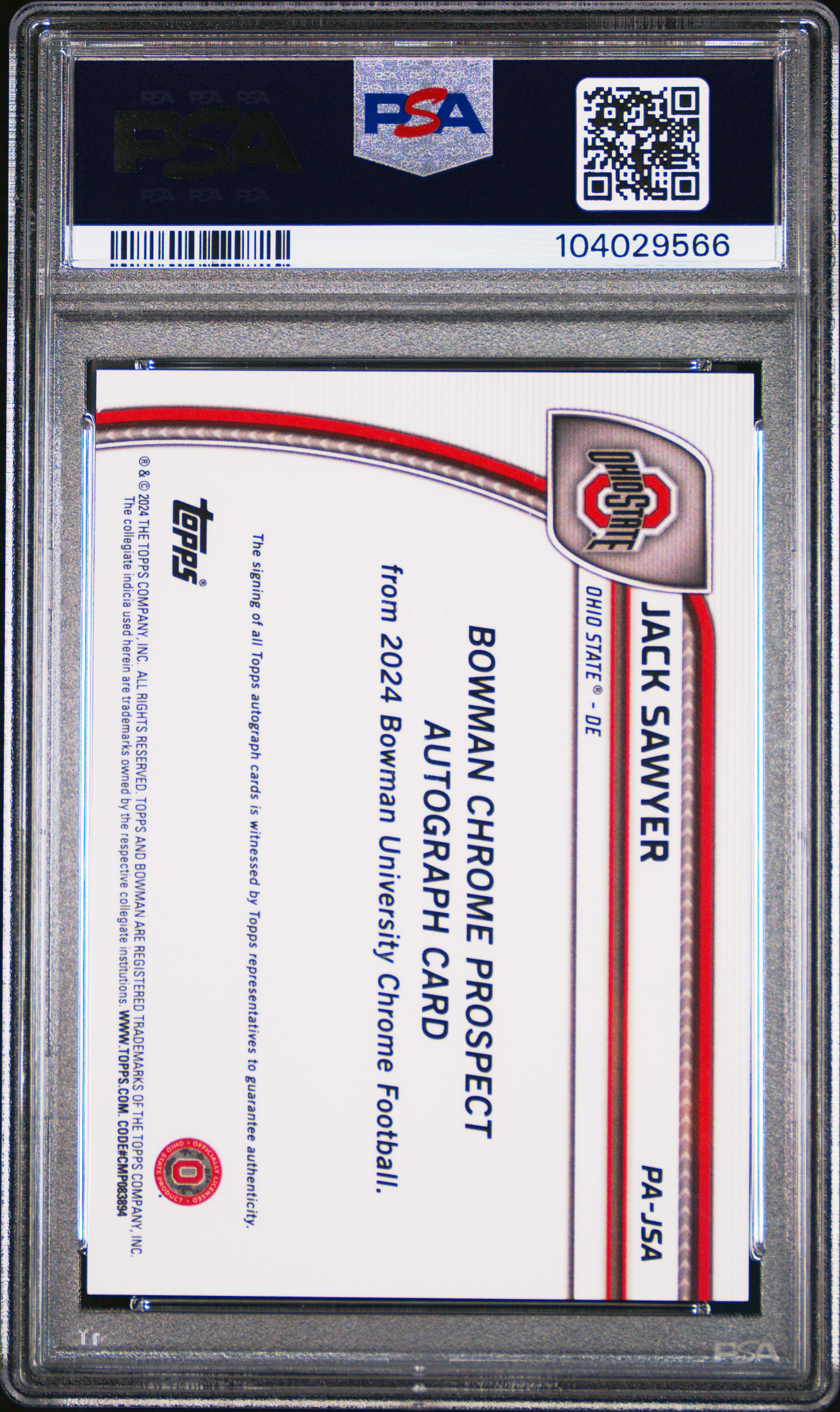 2024 Bowman University Chrome Bowman Chrome Prospect Autographs Jack Sawyer #Pajsa (Chr Prospect Au-Fuchsia Ref) Gem Mt 10 back