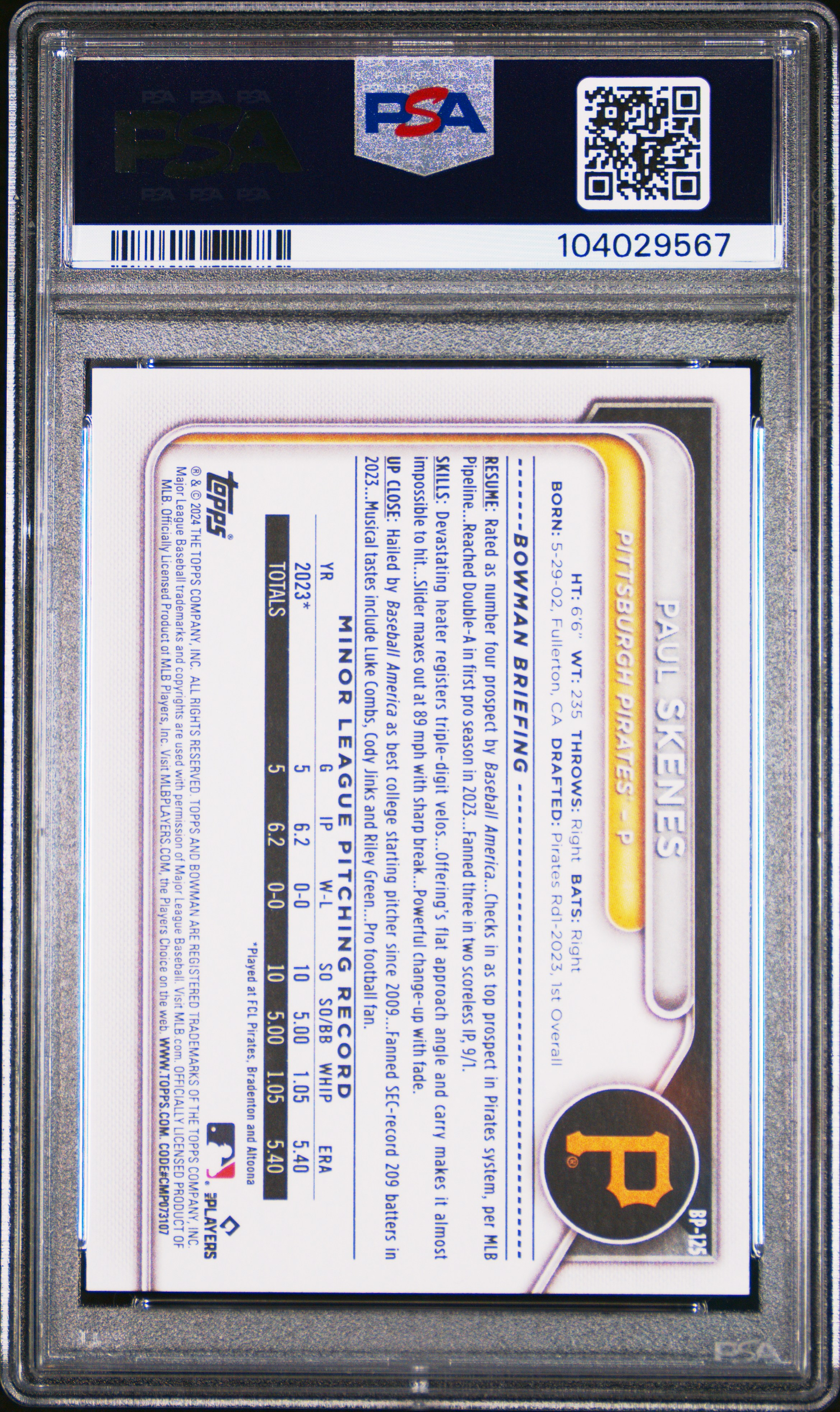 2024 Bowman Paper Prospects Paul Skenes #Bp125 Gem Mt 10 back