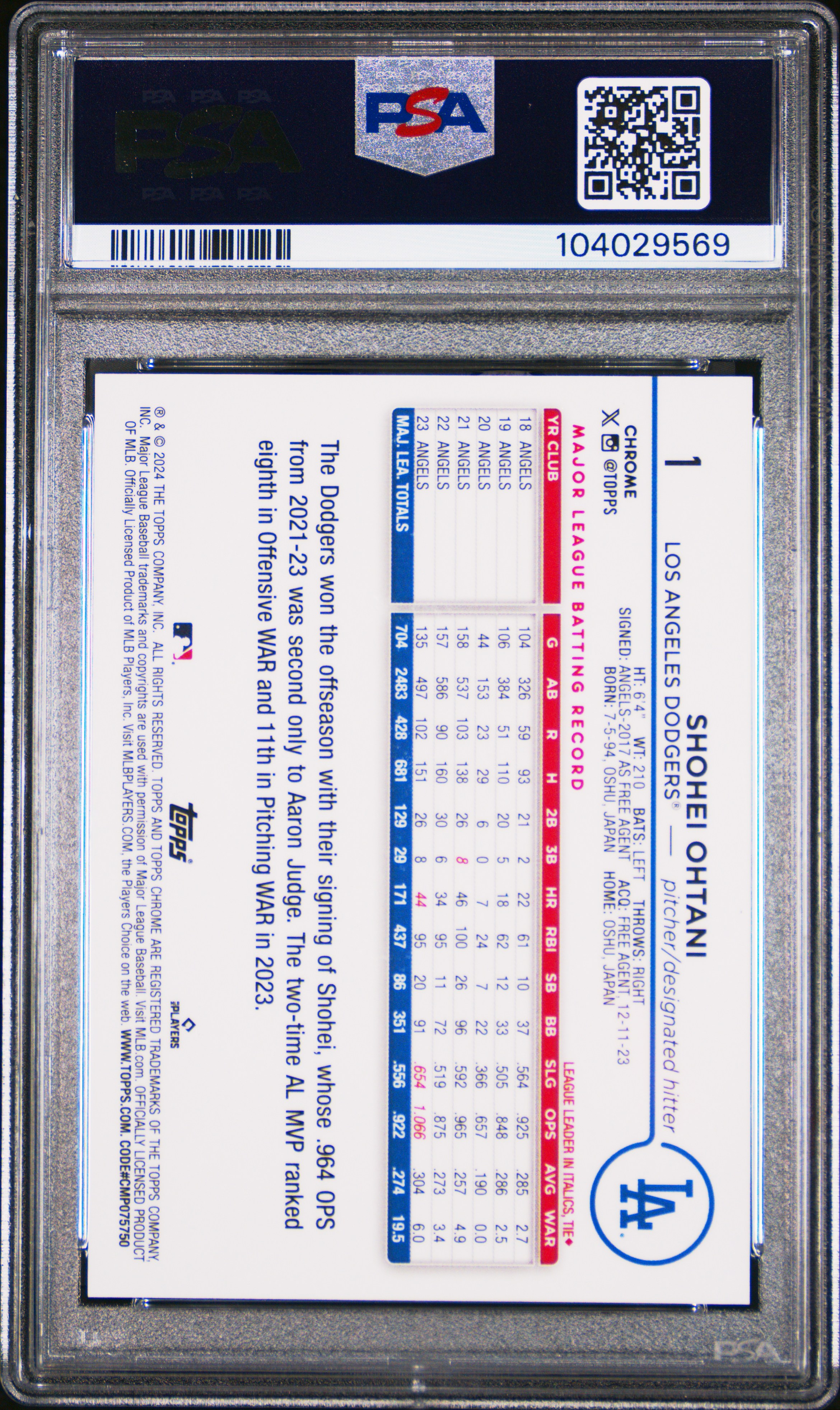 2024 Topps Chrome Shohei Ohtani #1 (Variation) Gem Mt 10 back