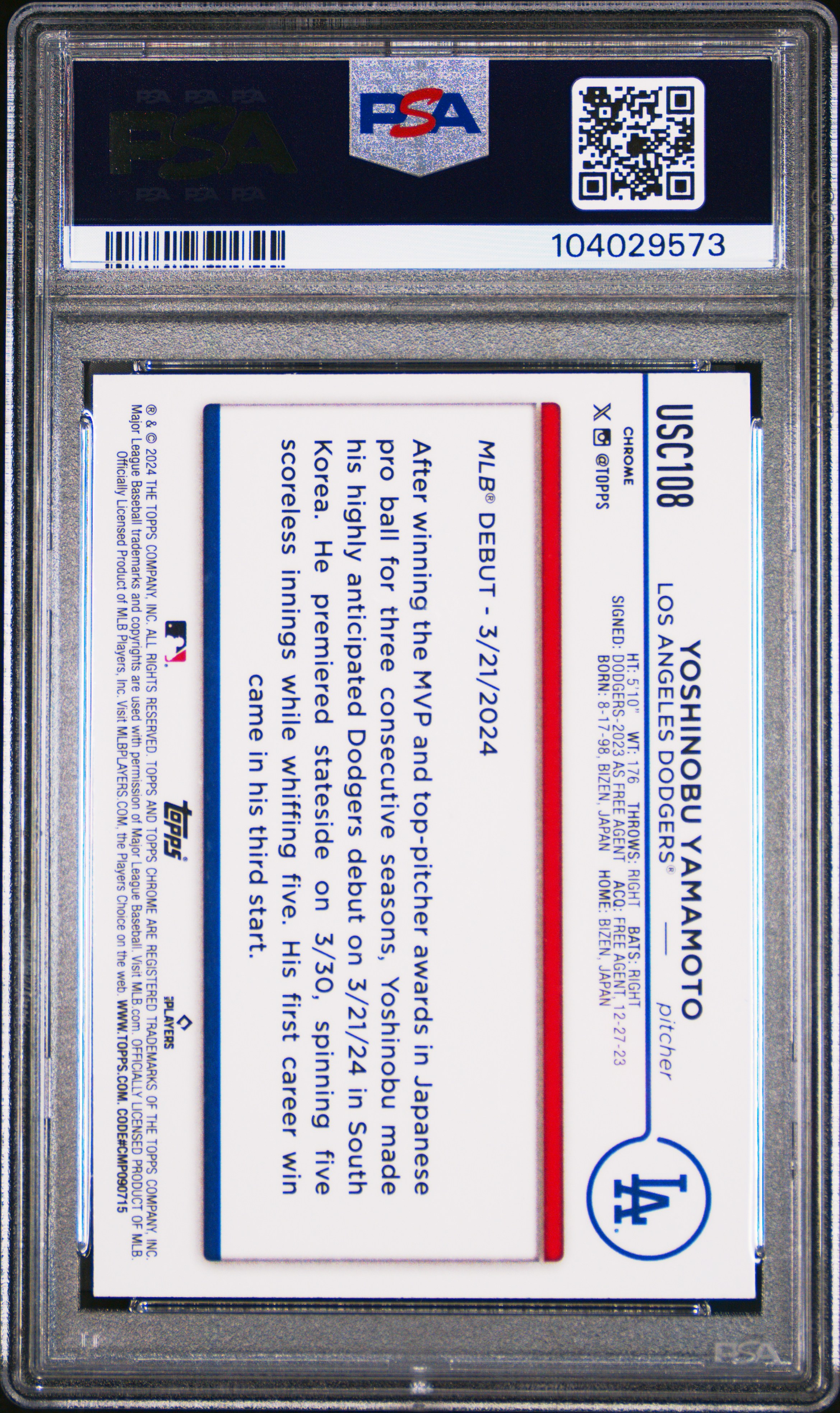 2024 Topps Chrome Update Yoshinobu Yamamoto #Usc108 (Purple Refractor) Gem Mt 10 back