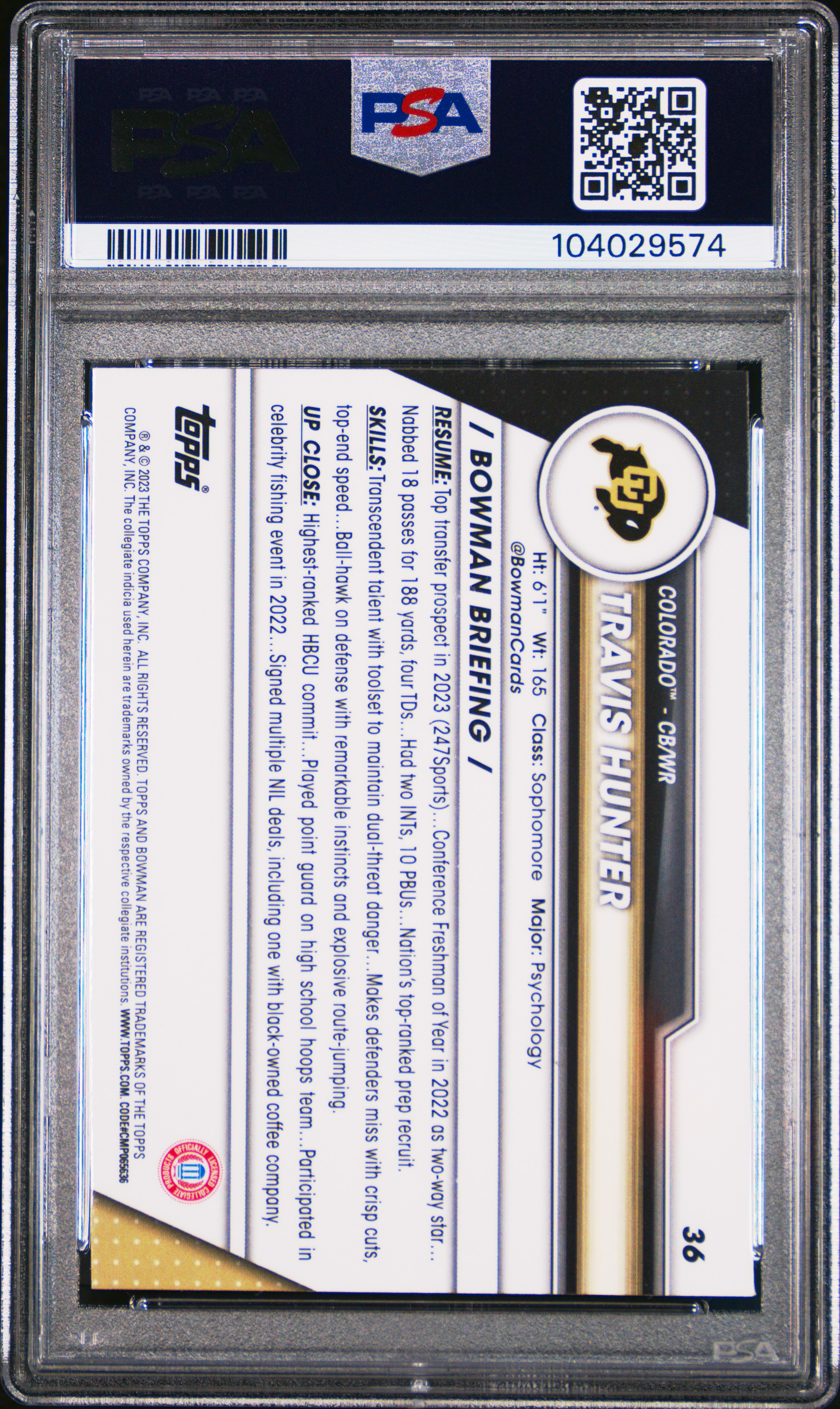 2023 Bowman University Chrome Travis Hunter #36 Gem Mt 10 back