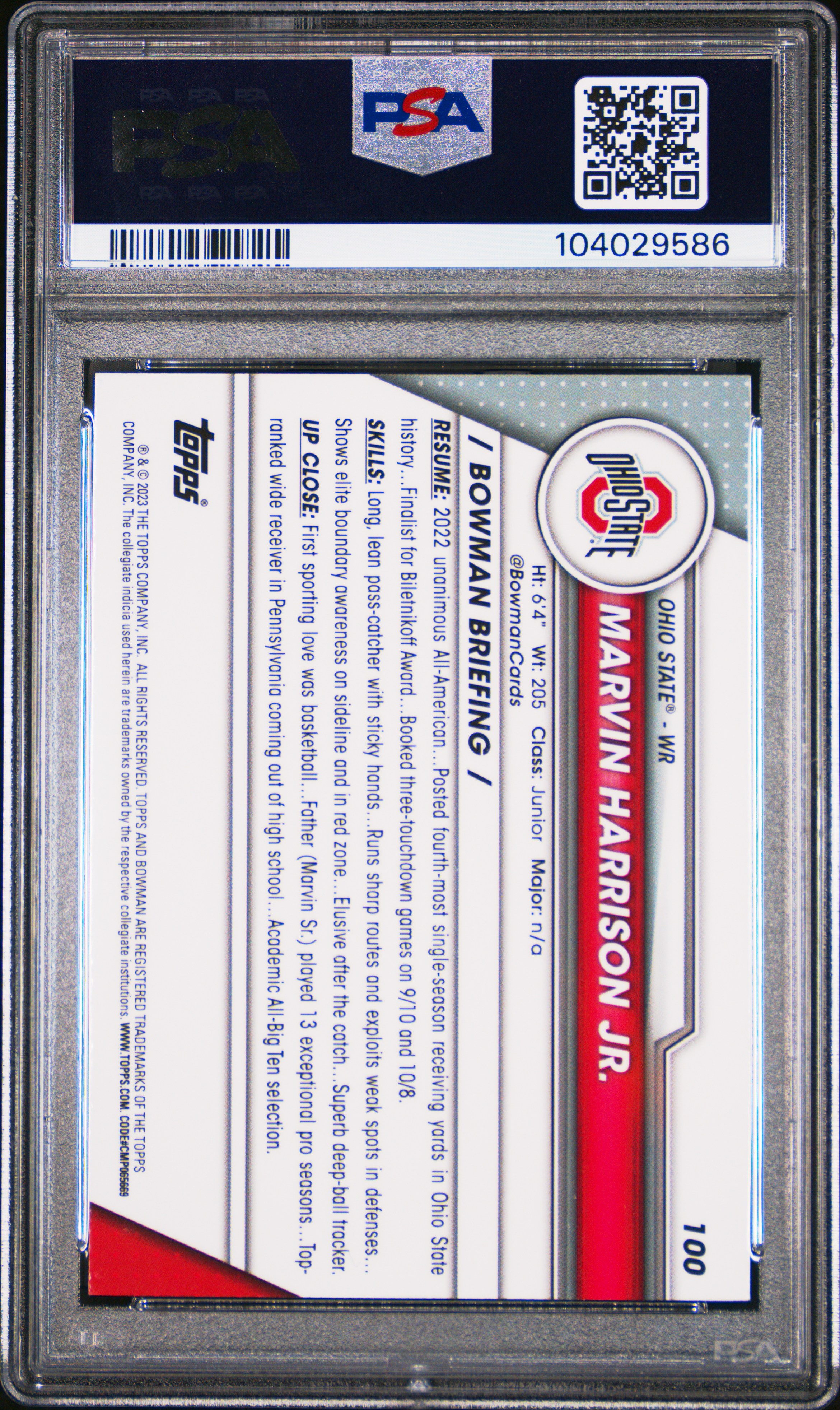 2023 Bowman University Chrome Marvin Harrison Jr. #100 (X-Fractor) Gem Mt 10 back