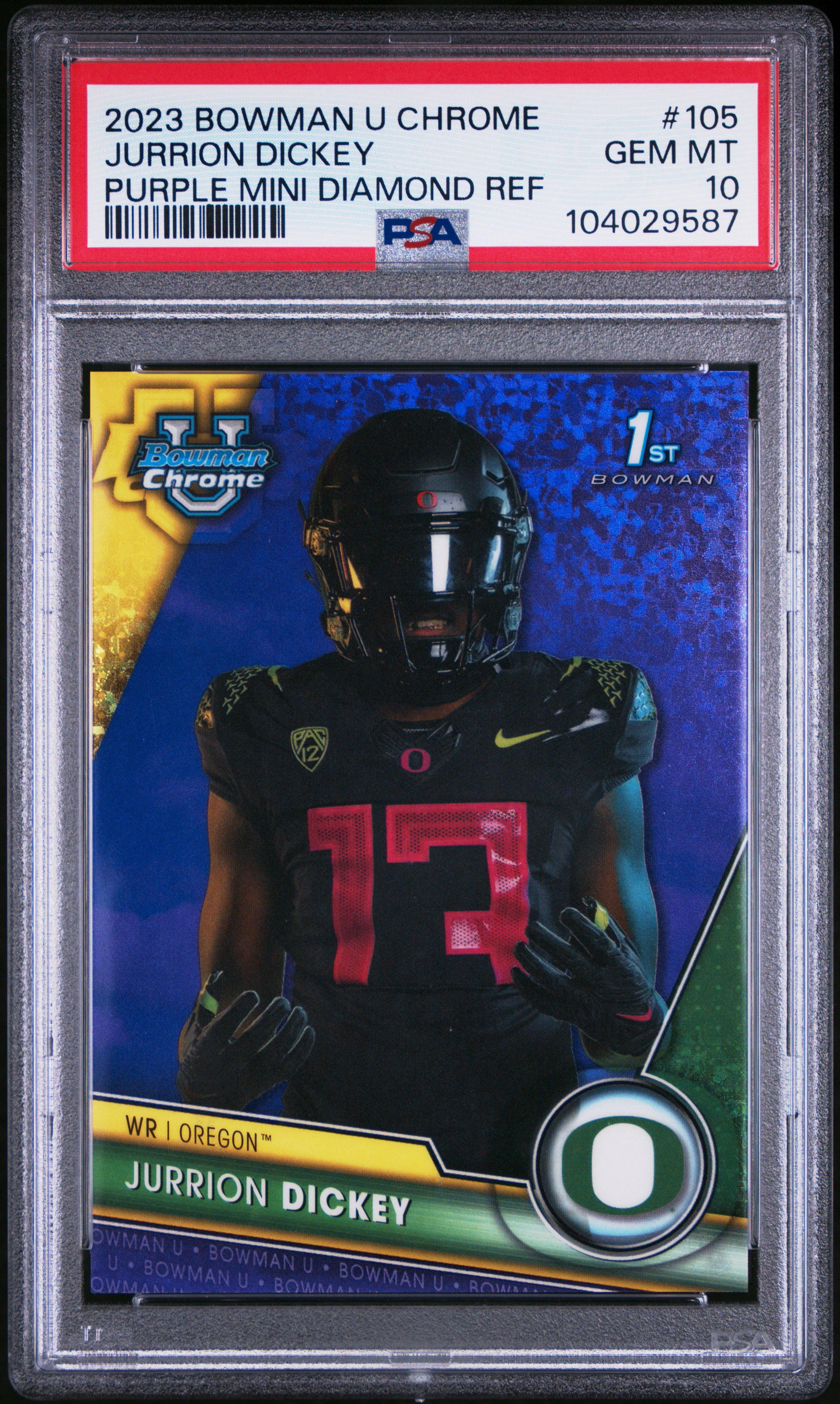 2023 Bowman University Chrome Jurrion Dickey #105 (Purple Mini Diamond Ref) Gem Mt 10 front