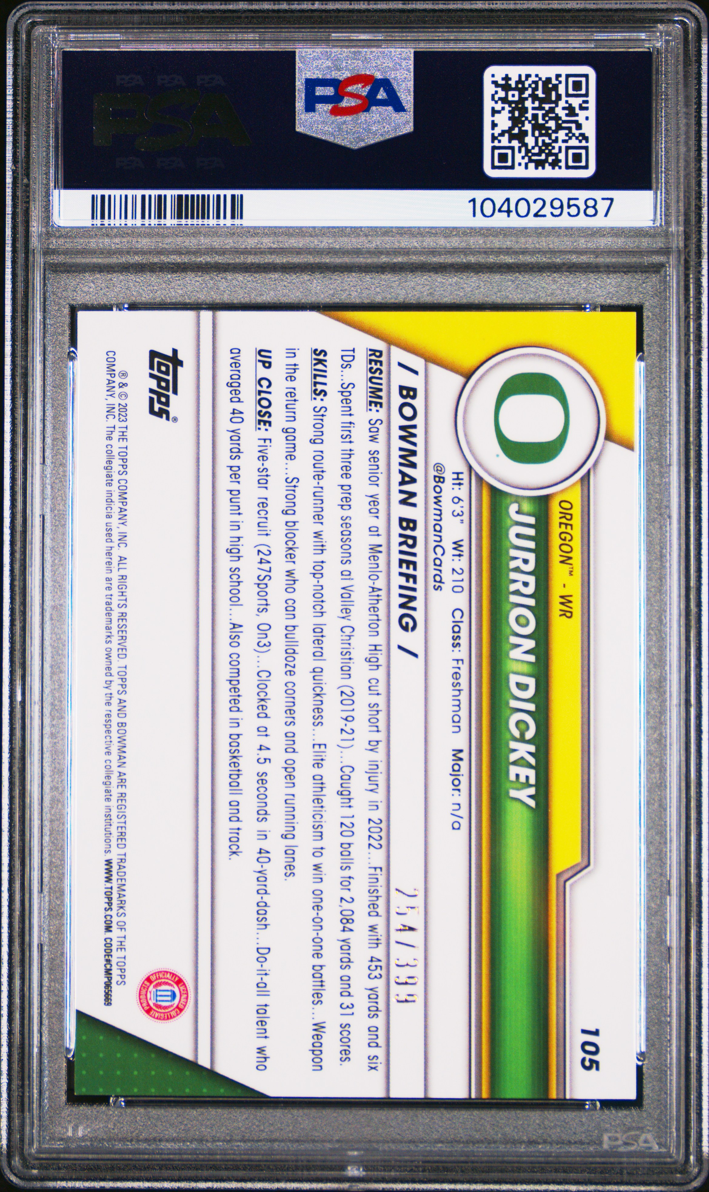 2023 Bowman University Chrome Jurrion Dickey #105 (Purple Mini Diamond Ref) Gem Mt 10 back