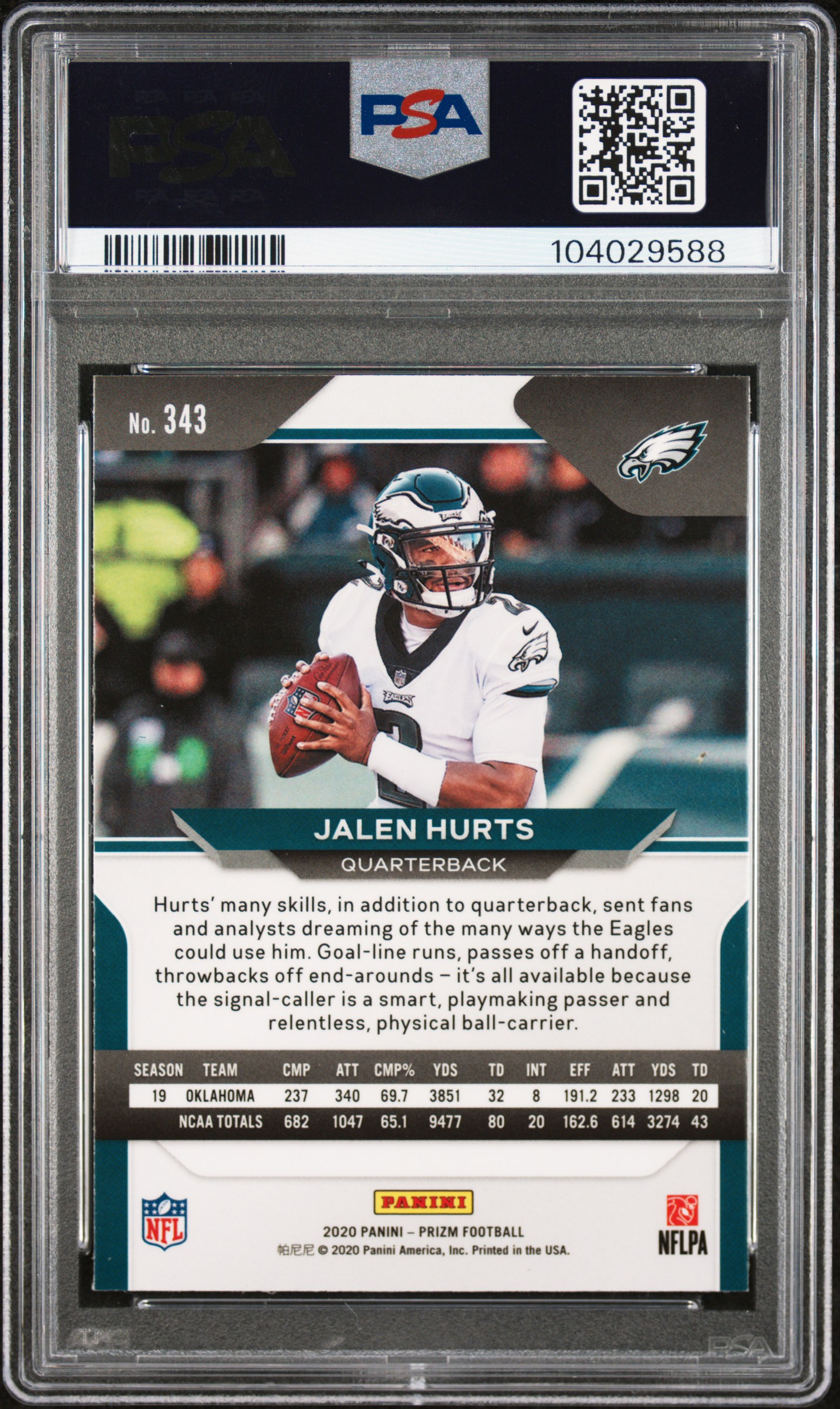 2020 Panini Prizm Jalen Hurts #343 Gem Mt 10 back