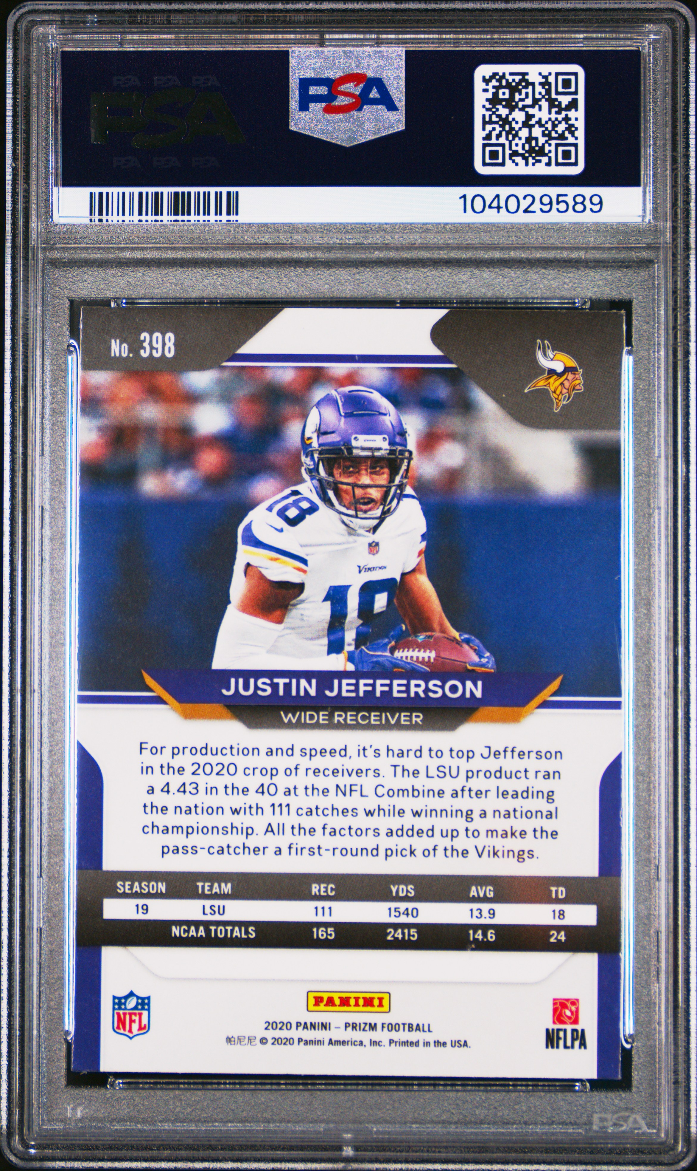 2020 Panini Prizm Justin Jefferson #398 Gem Mt 10 back