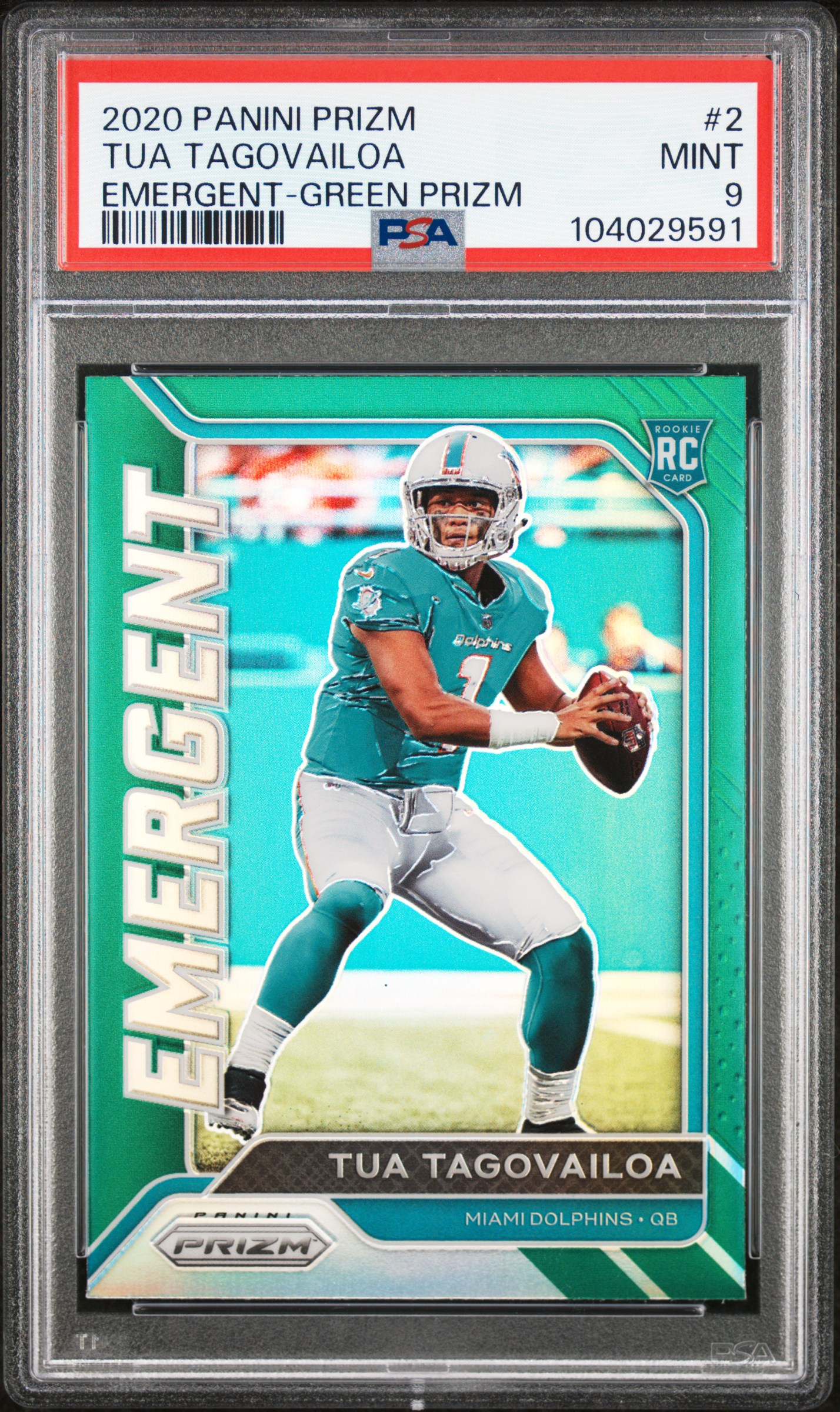 2020 Panini Prizm Emergent Tua Tagovailoa #2 (Emergent-Green Prizm) Mint 9 front