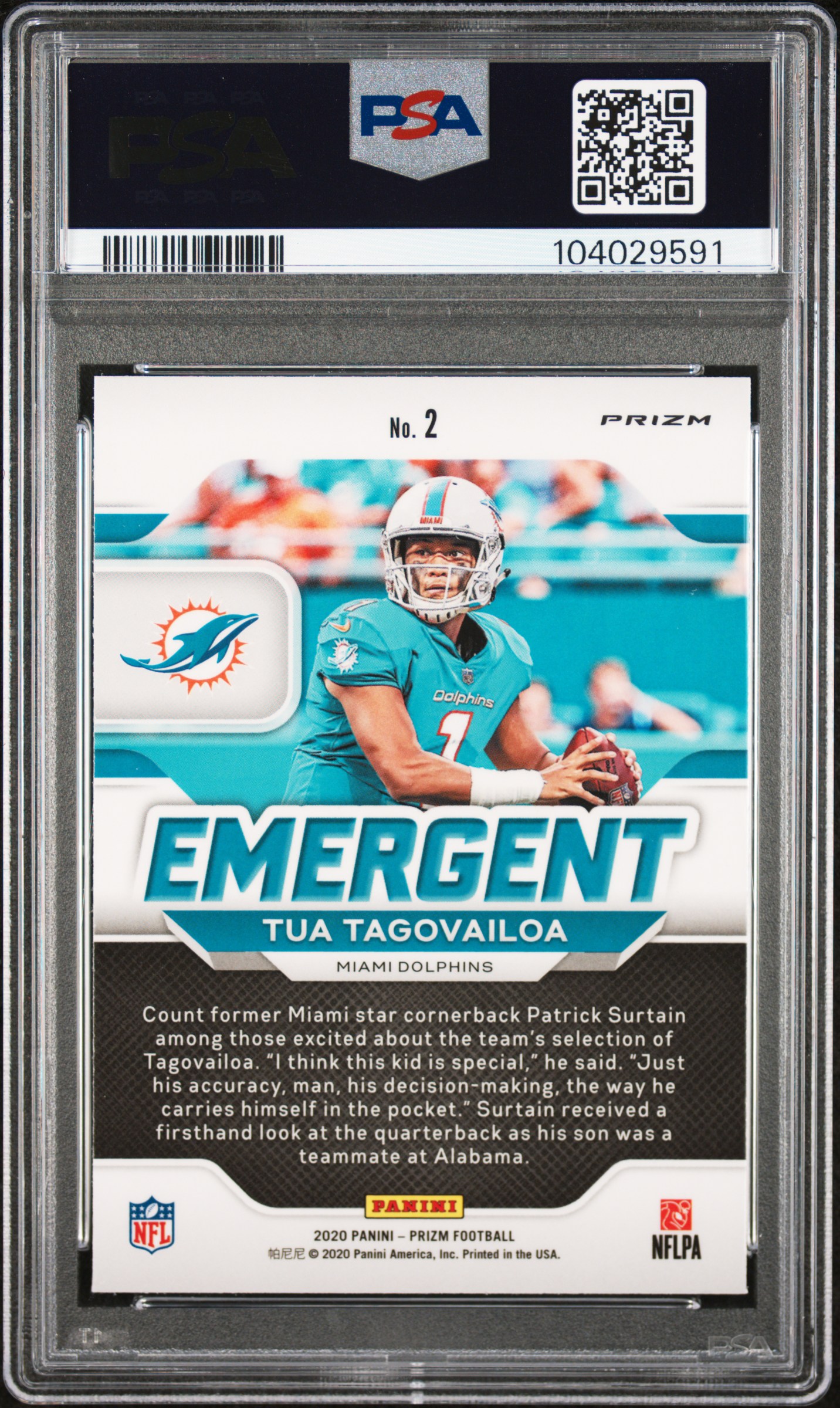 2020 Panini Prizm Emergent Tua Tagovailoa #2 (Emergent-Green Prizm) Mint 9 back