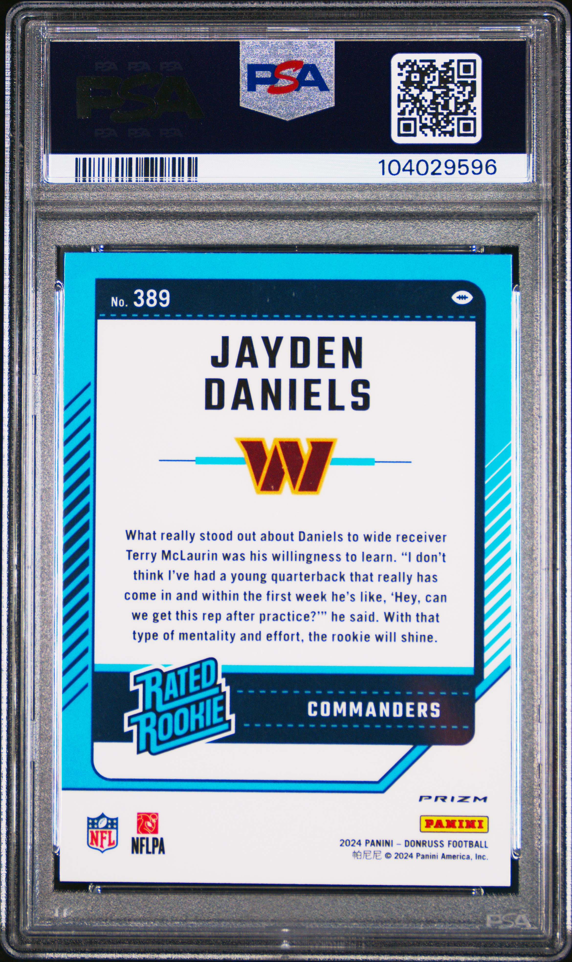 2024 Panini Donruss Jayden Daniels #389 (Optic Preview-Red Pandora) Gem Mt 10 back