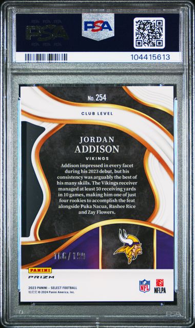2023 Panini Select Jordan Addison #254 (Die-Cut White Prizm) Gem Mt 10 back