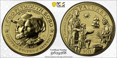 2020-W $10 Mayflower 400th Anniversary Reverse Proof PR70