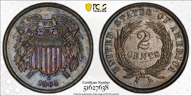 1864 2C Large Motto MS62BN