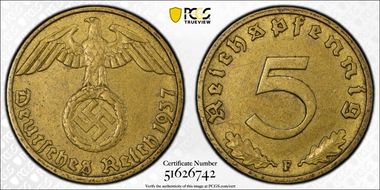 1937-F 5 Pfg J-363 AU58