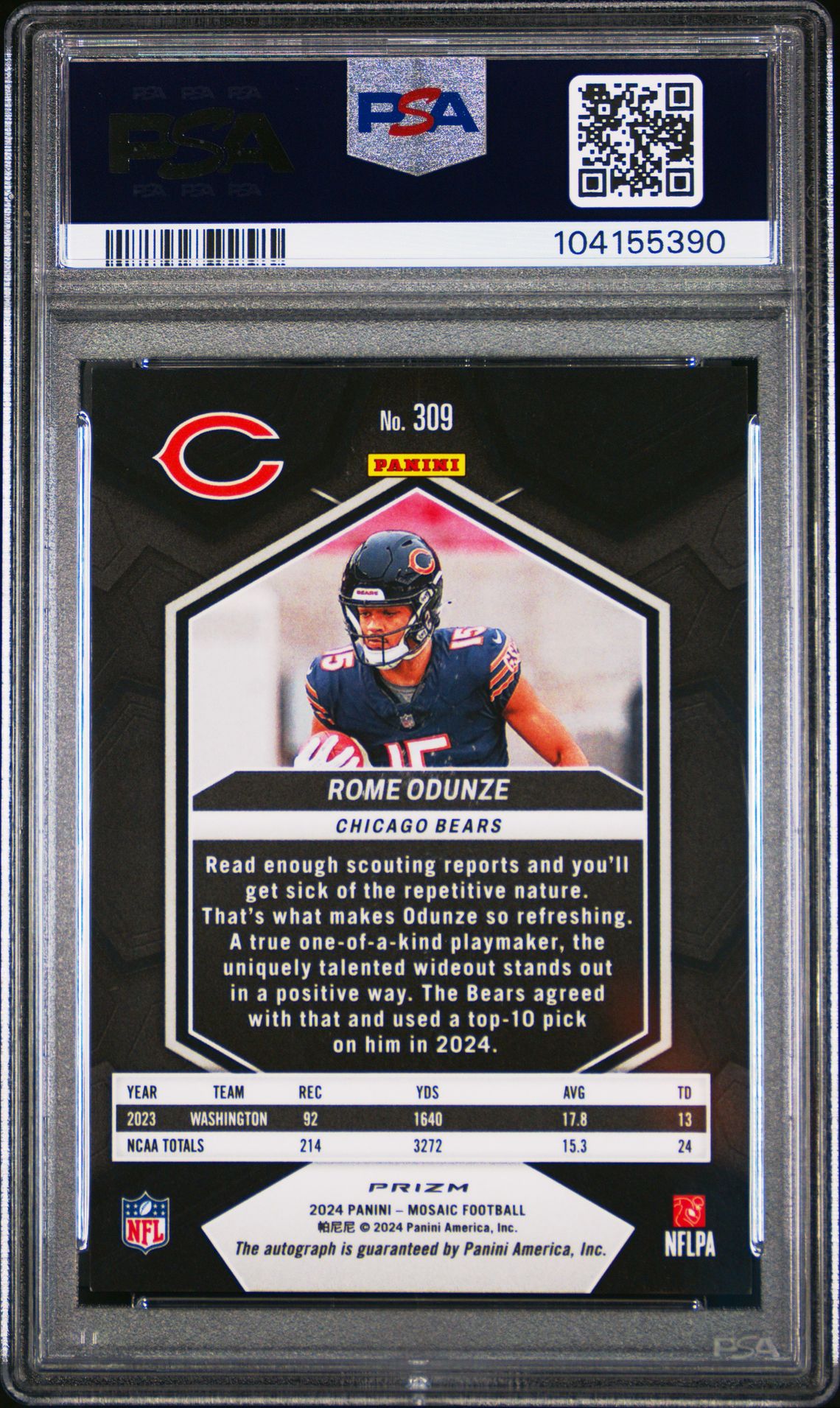 2024 Panini Mosaic Rome Odunze #309 (Autograph) Mint 9 back