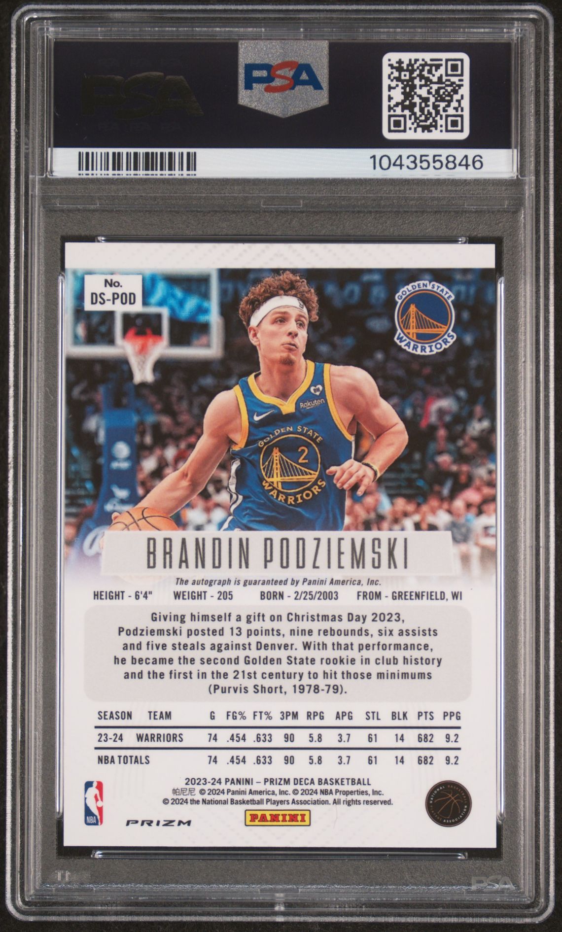 2023 Panini Prizm Deca Signatures Brandin Podziemski #Dspod (Signature-Silver Prizm) Mint 9 back