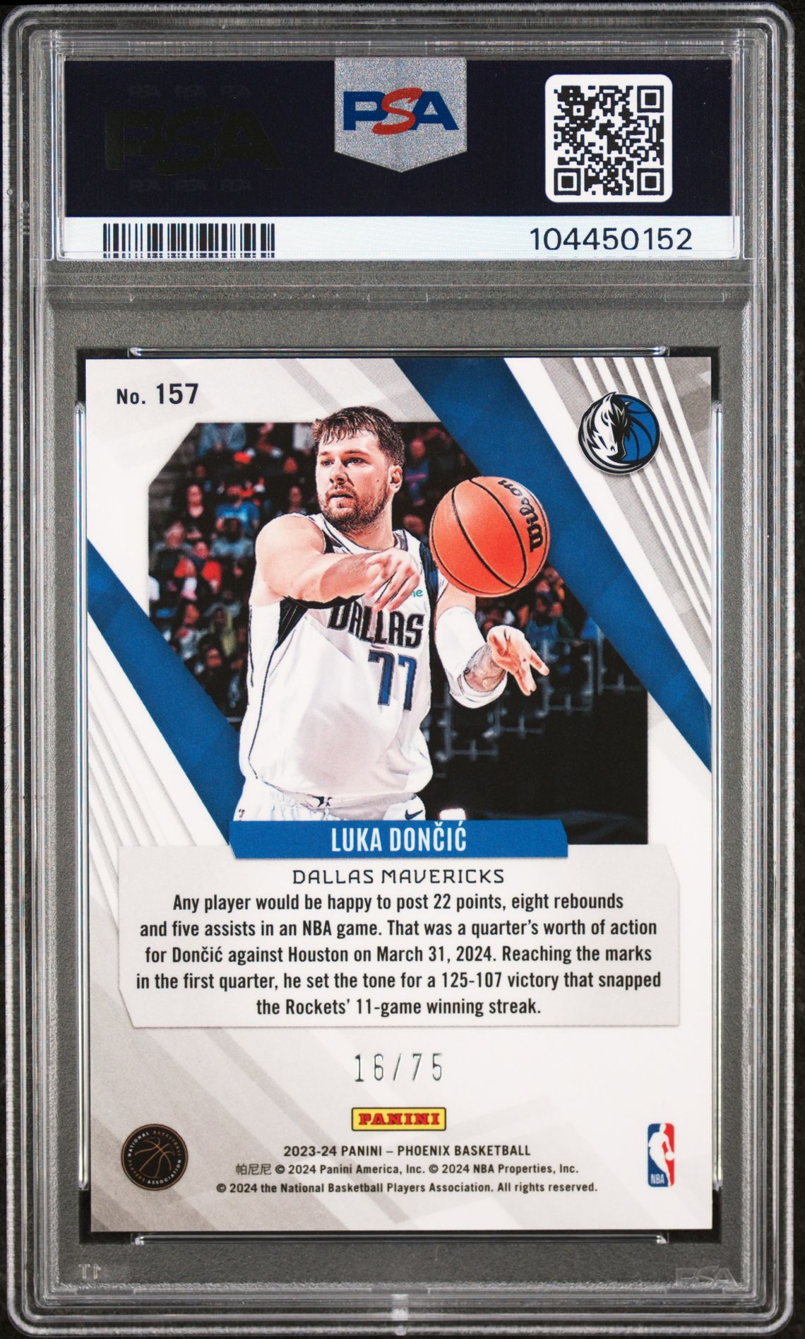 2023 Panini Phoenix Luka Doncic #157 (Lava) Gem Mt 10 back