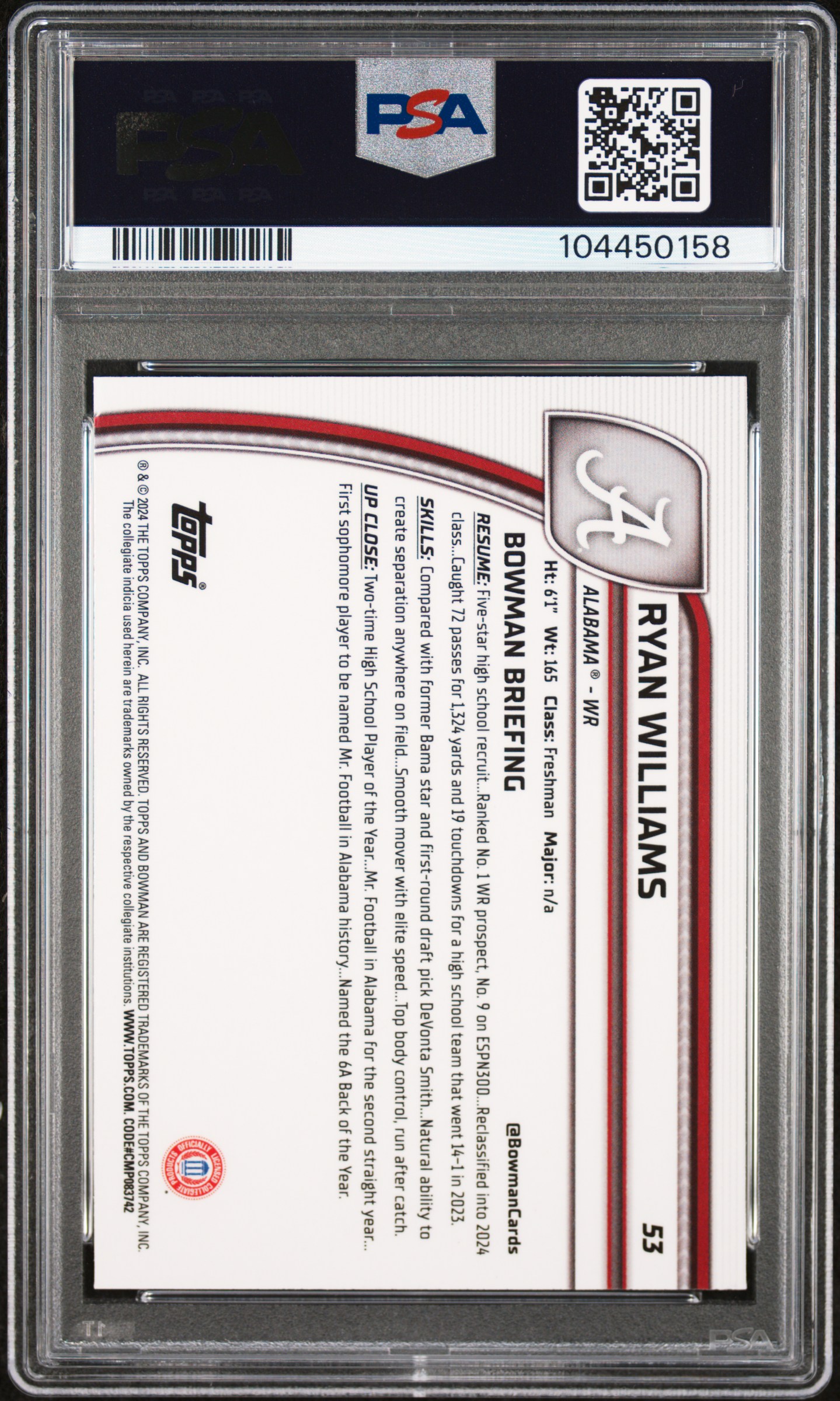 2024 Bowman University Chrome Ryan Williams #53 (Teal Lava) Mint 9 back