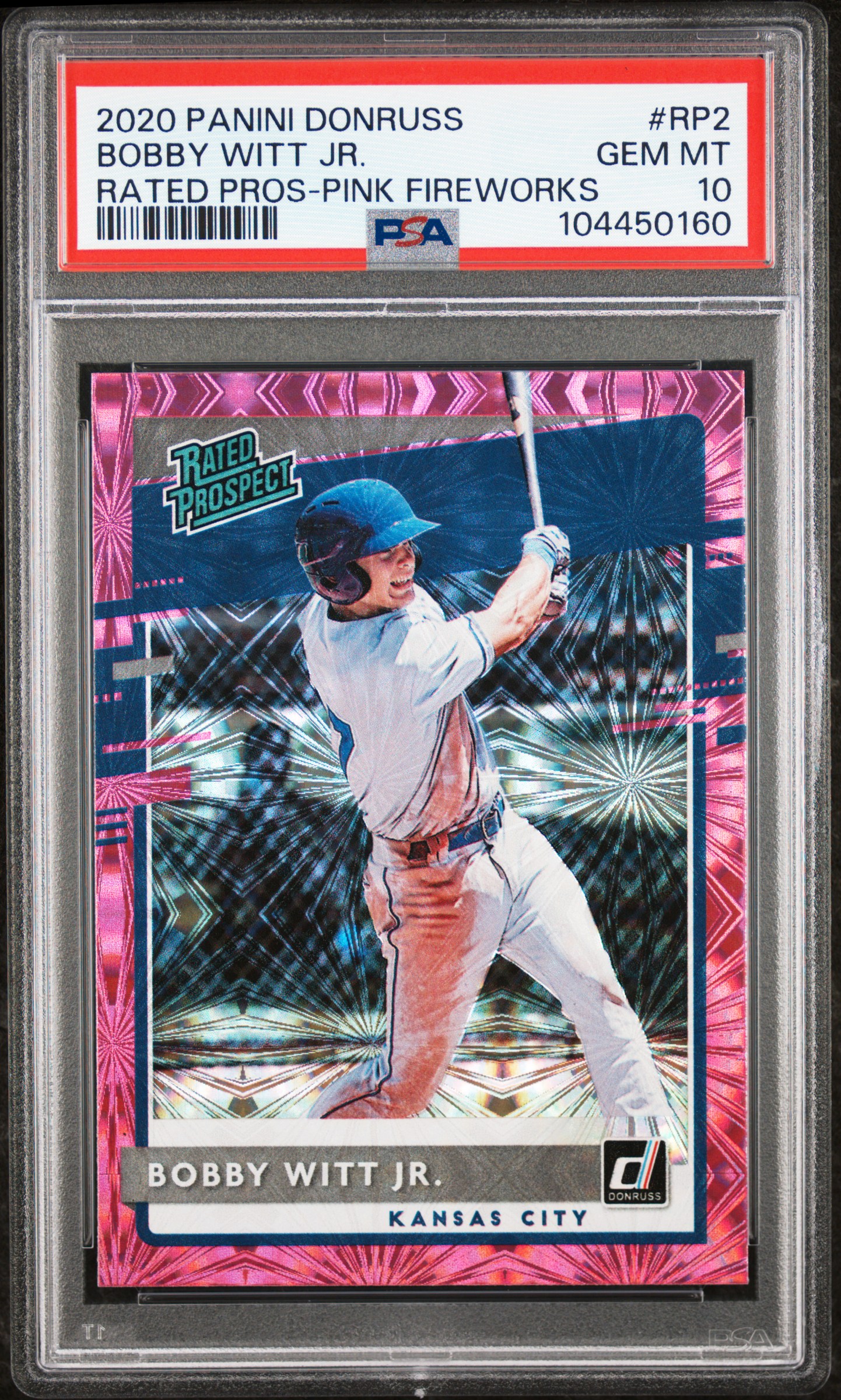 2020 Panini Donruss Rated Prospects Bobby Witt Jr. #Rp2 (Rated Pros-Pink Fireworks) Gem Mt 10 front