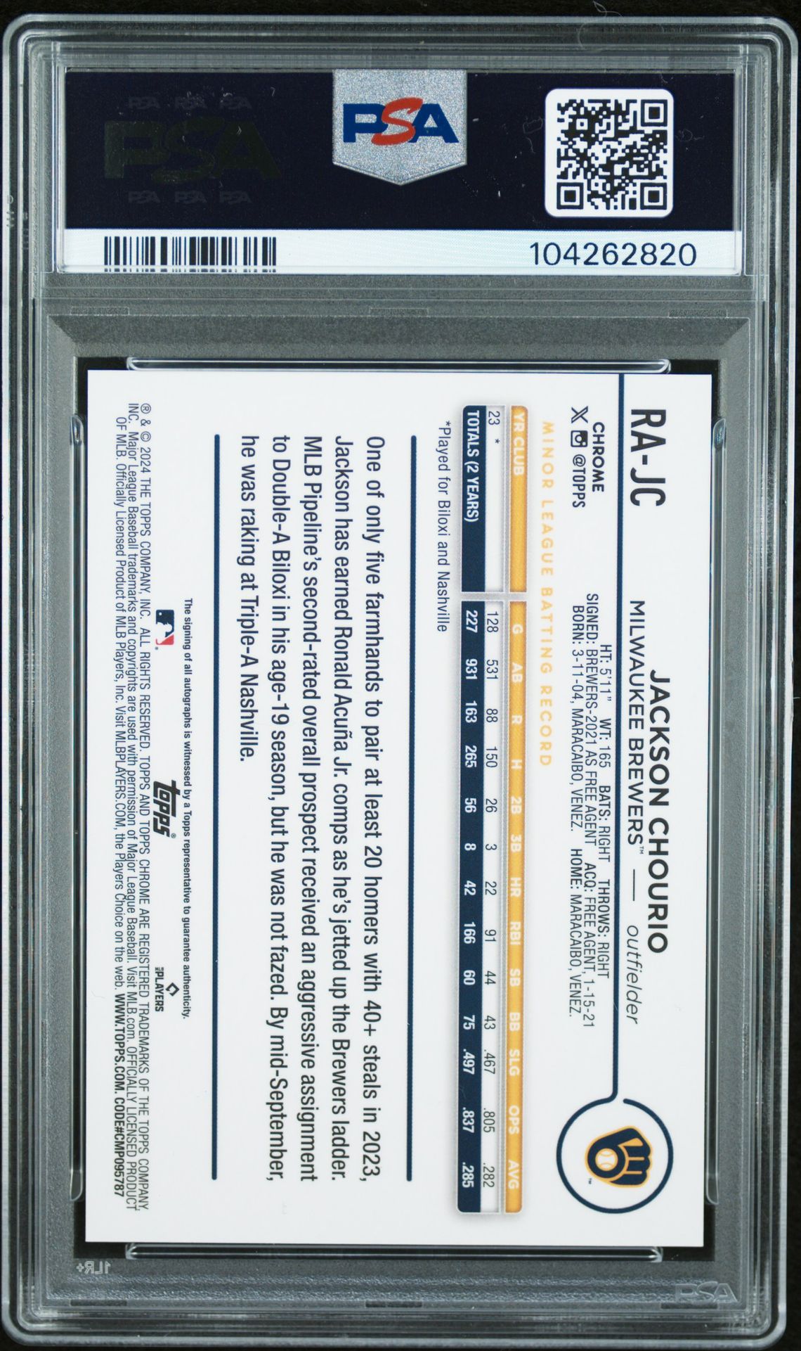 2024 Topps Chrome Update Chrome Rookie Autographs Jackson Chourio #Rajc (Rke Auto-Mag/Prp Lava Lamp) Gem Mt 10 back