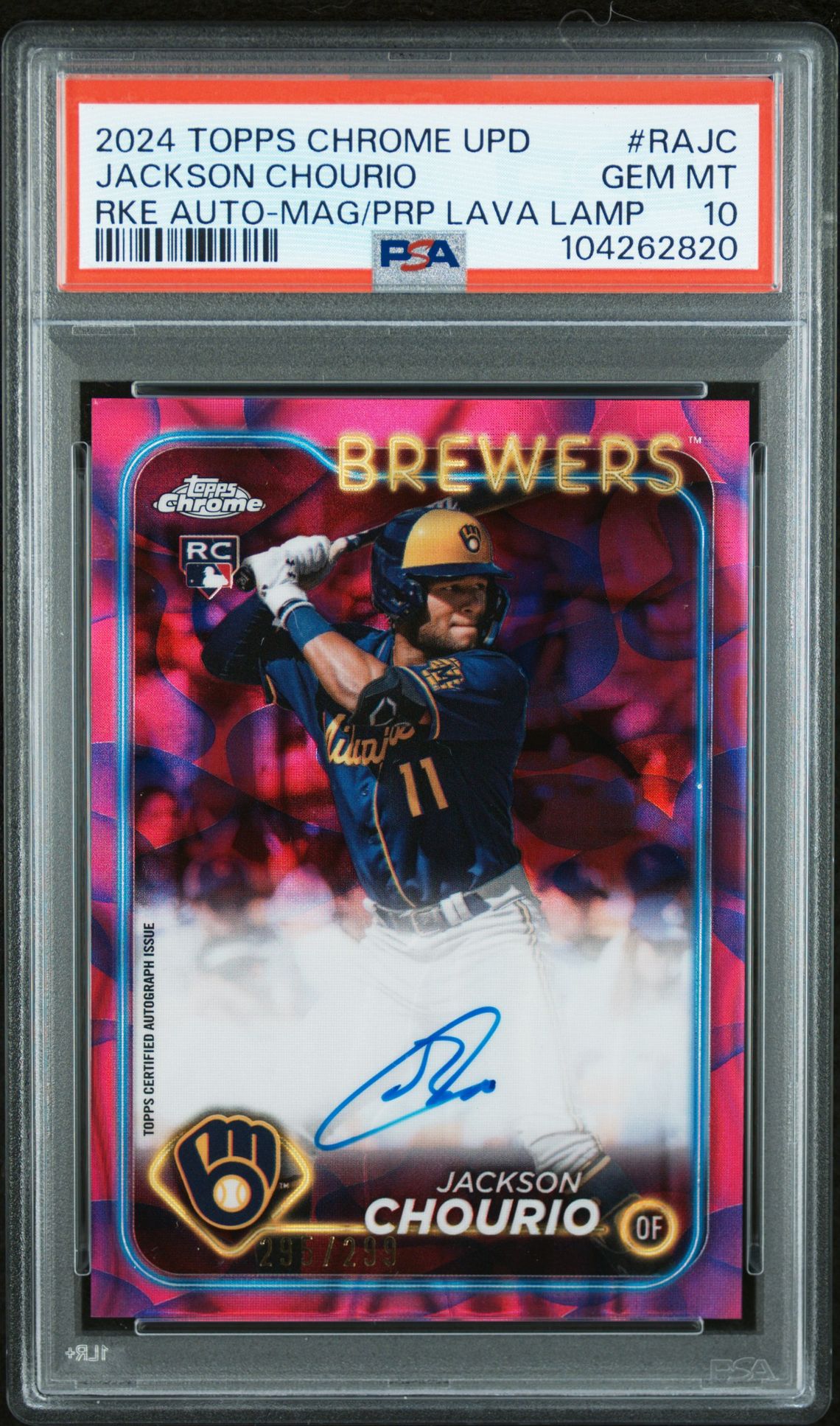 2024 Topps Chrome Update Chrome Rookie Autographs Jackson Chourio #Rajc (Rke Auto-Mag/Prp Lava Lamp) Gem Mt 10 front
