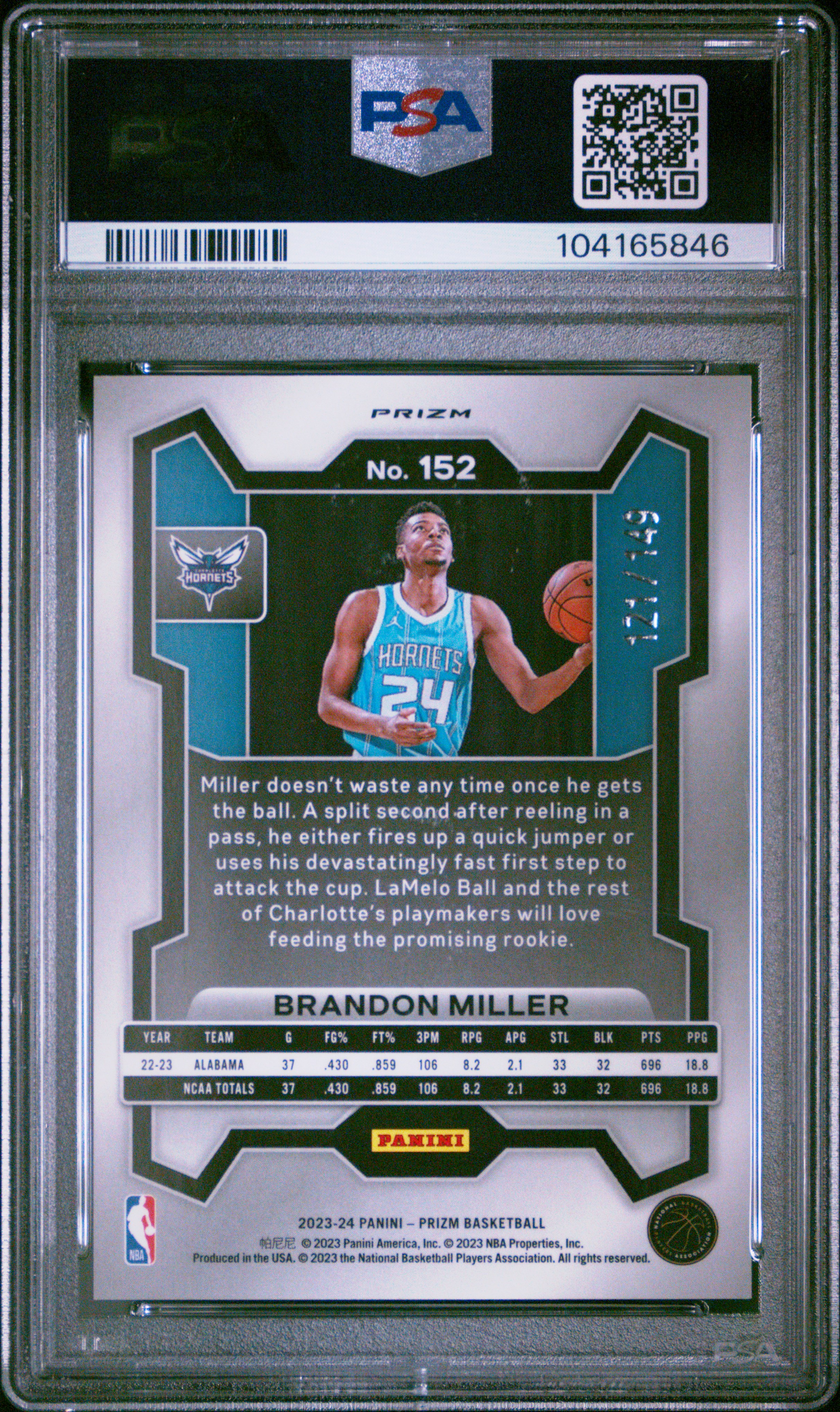 2023 Panini Prizm Brandon Miller #152 (Purple Ice) Gem Mt 10 back