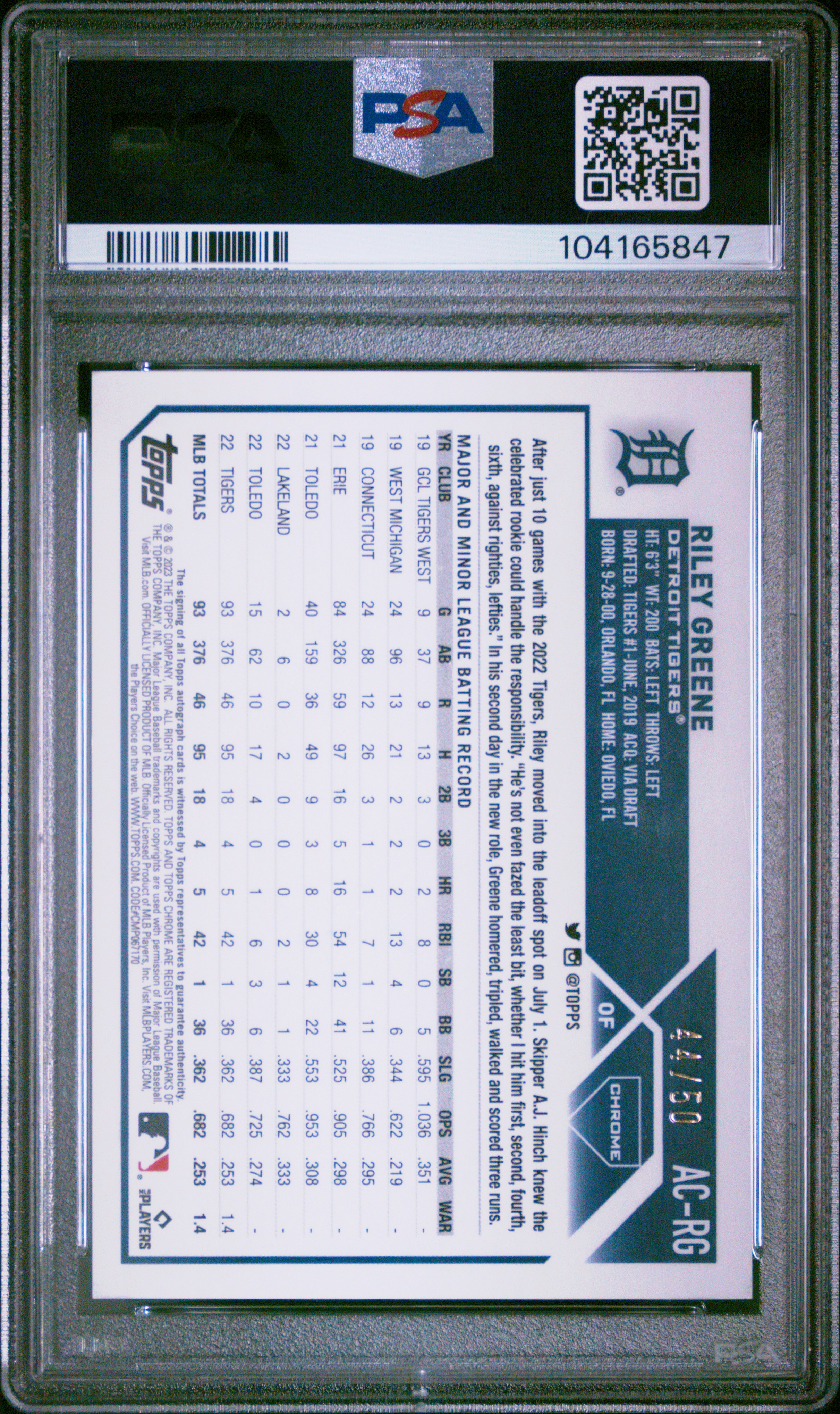 2023 Topps Chrome Update Autograph Riley Greene #Acrg (Autograph-Gold Refractor) Gem Mt 10 back