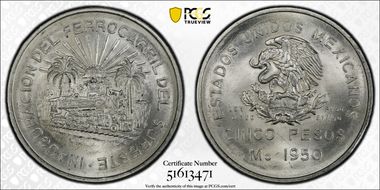 1950-Mo 5 Peso Southeastern Railroad KM-466  Ag MS66