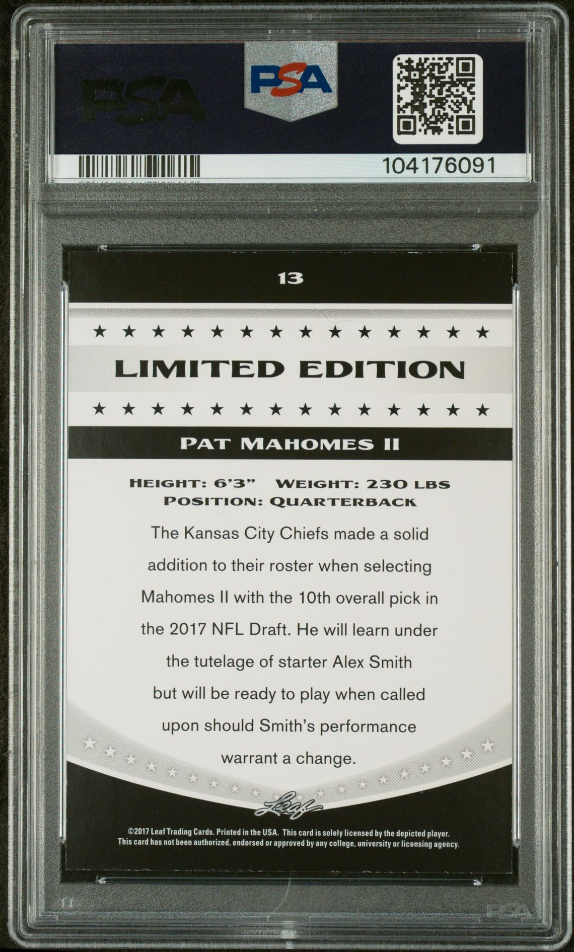 2017 Leaf Special Release Limited Edition Pat Mahomes Ii #13 (Limited Edition) Mint 9 back