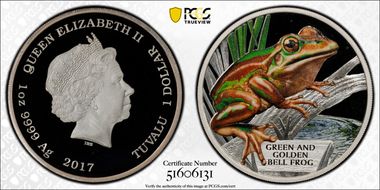 2017 $1 Green and Golden Bell Frog Colorized PR69DCAM