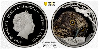 2018 $1 Powerful Owl Colorized PR70DCAM