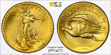 1907 $20 High Relief, Flat Edge MS65+