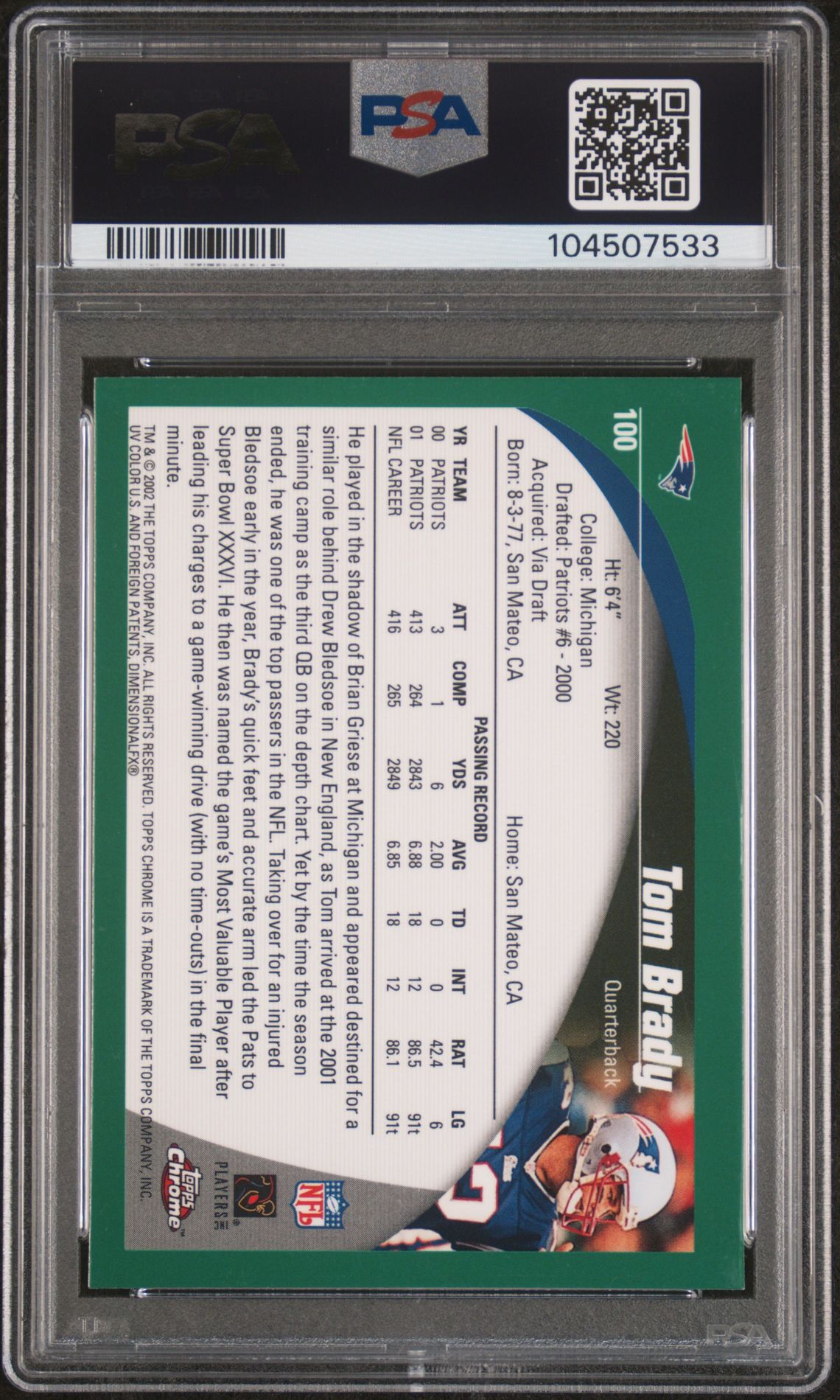 2002 Topps Chrome Tom Brady #100 Mint 9 back