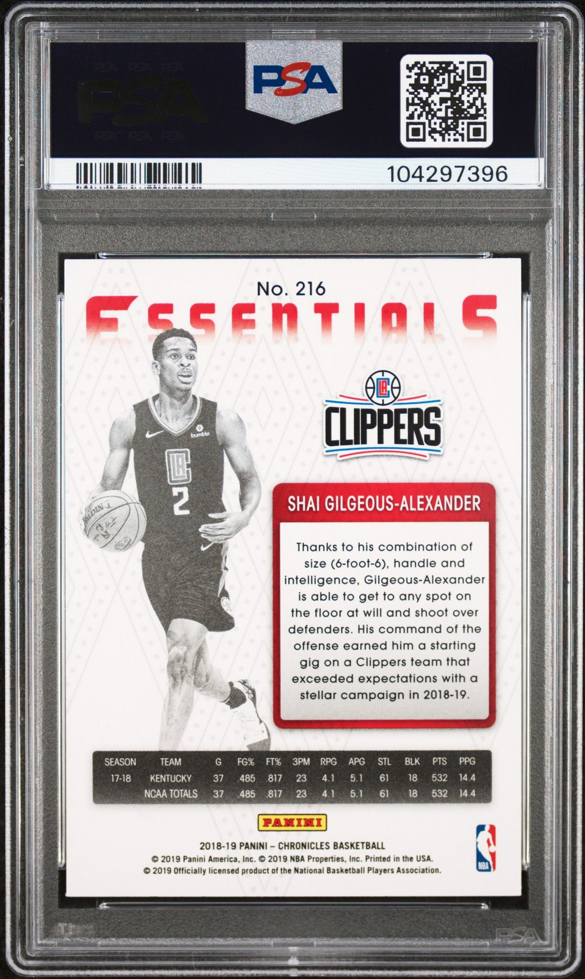 2018 Panini Chronicles S.gilgeous-Alexander #216 Mint 9 back