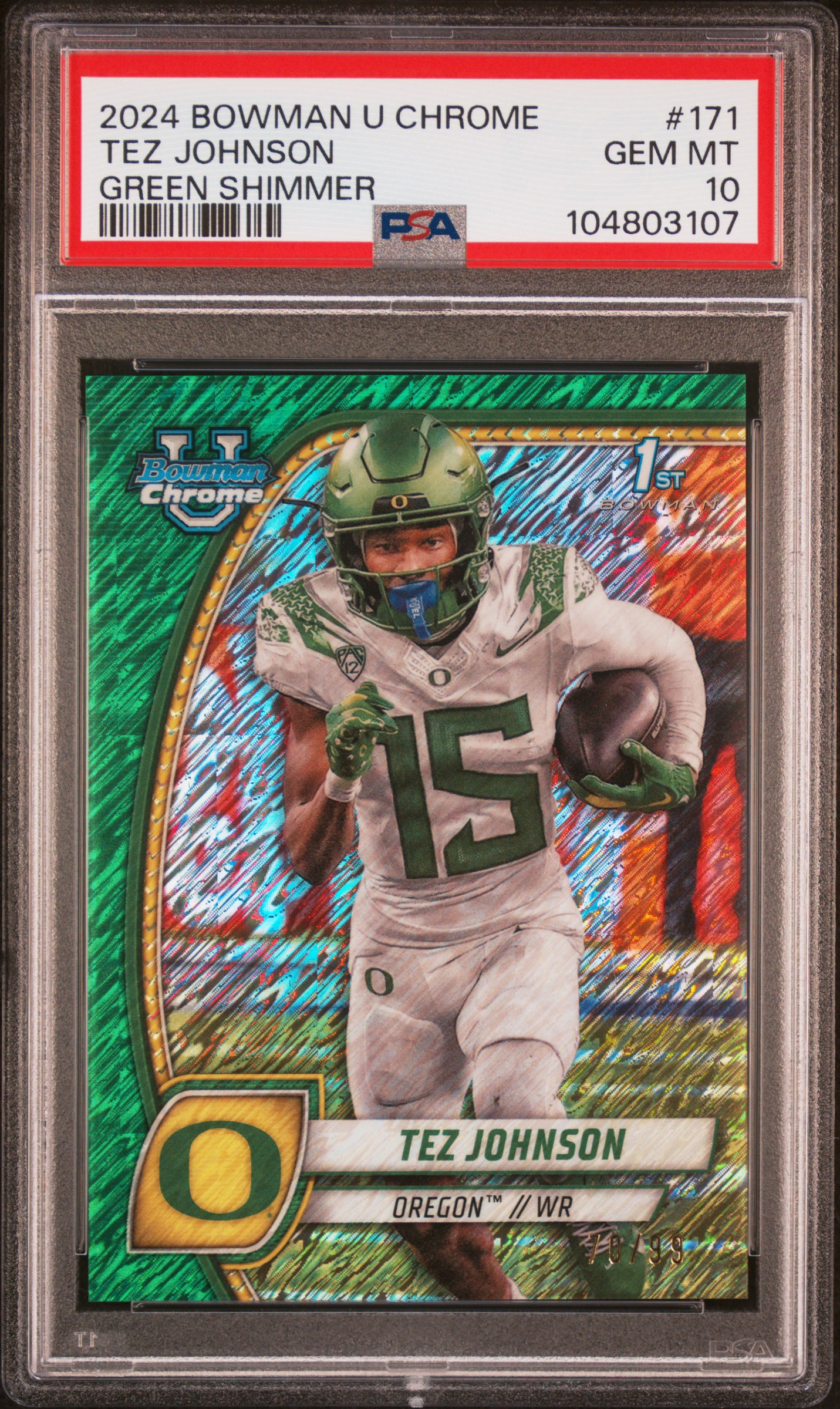 2024 Bowman University Chrome Tez Johnson #171 (Green Shimmer) Gem Mt 10 front