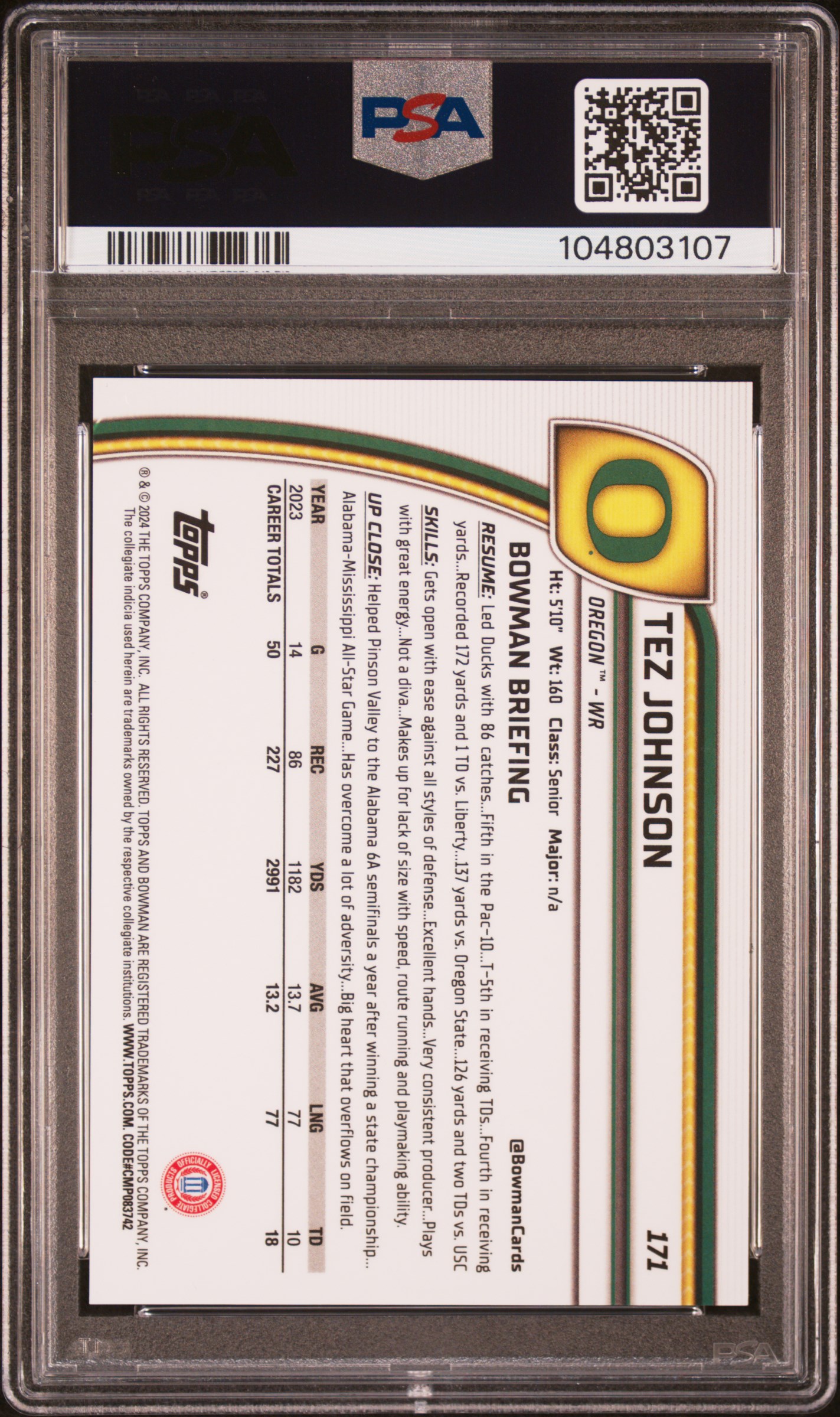 2024 Bowman University Chrome Tez Johnson #171 (Green Shimmer) Gem Mt 10 back