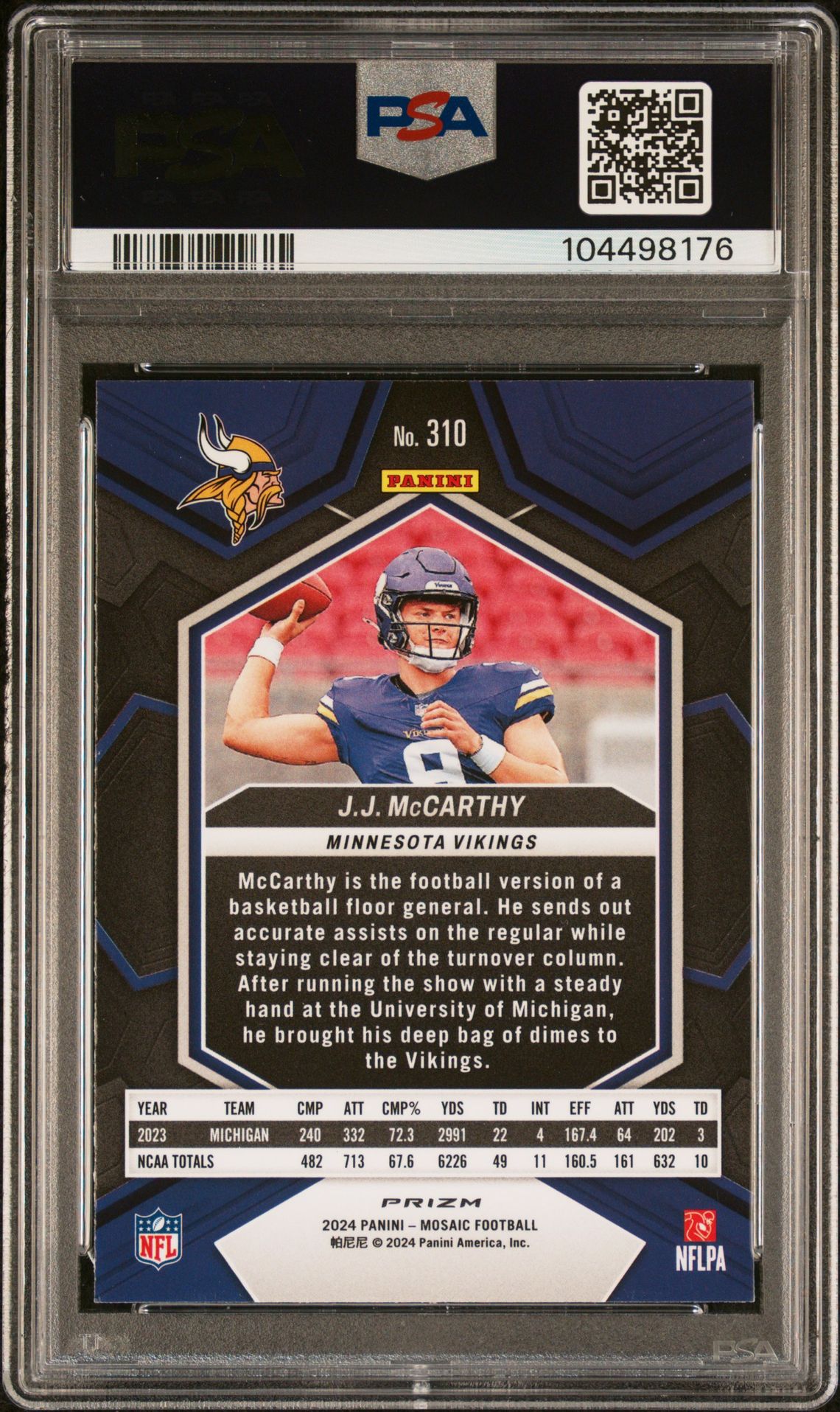 2024 Panini Mosaic Jj Mccarthy #310 (Honeycomb) Mint 9 back