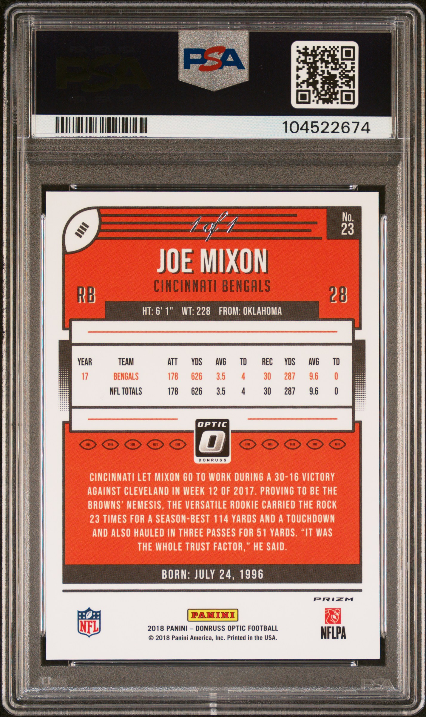 2018 PANINI DONRUSS OPTIC GOLD VINYL 1/1 JOE MIXON PSA 8 | Veriswap