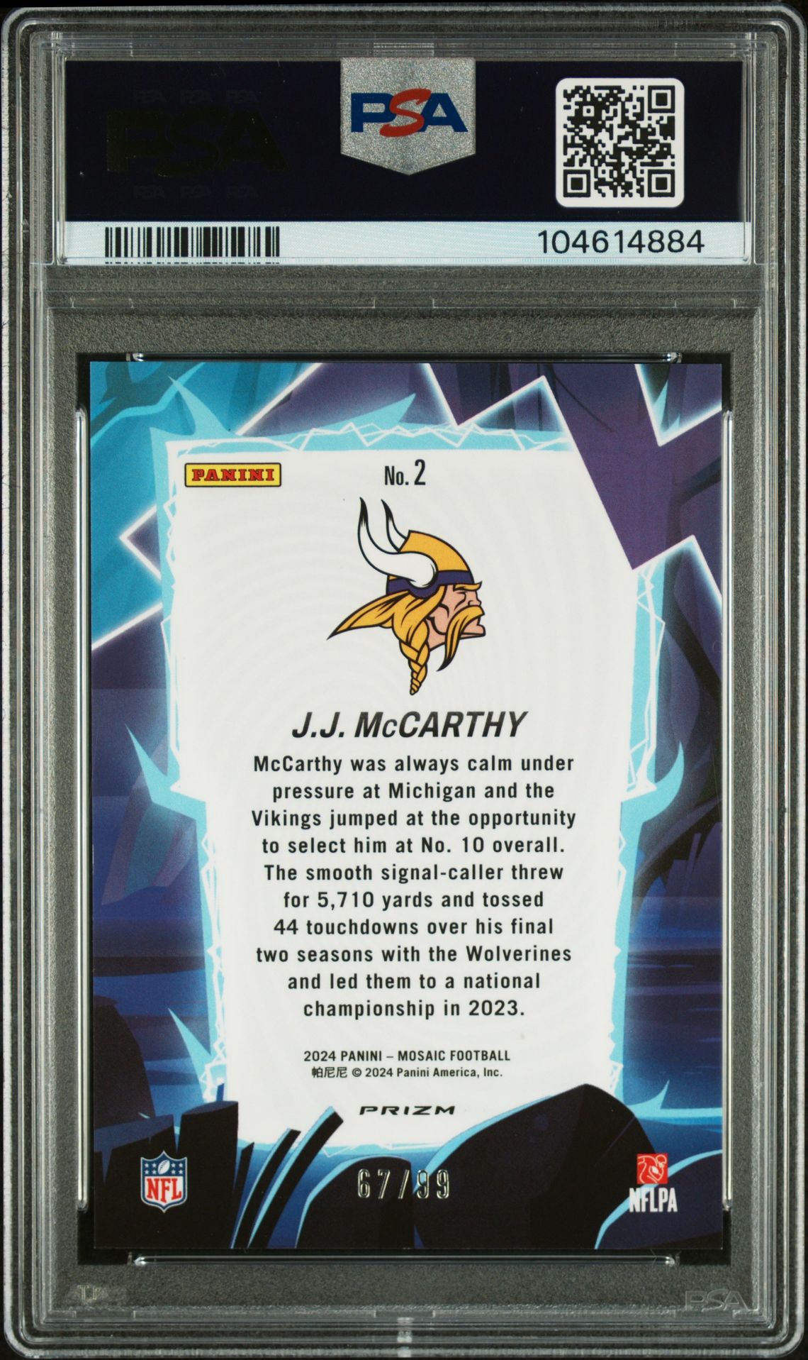 2024 Panini Mosaic Storm Jj Mccarthy #2 (Storm-Blue) Mint 9 back