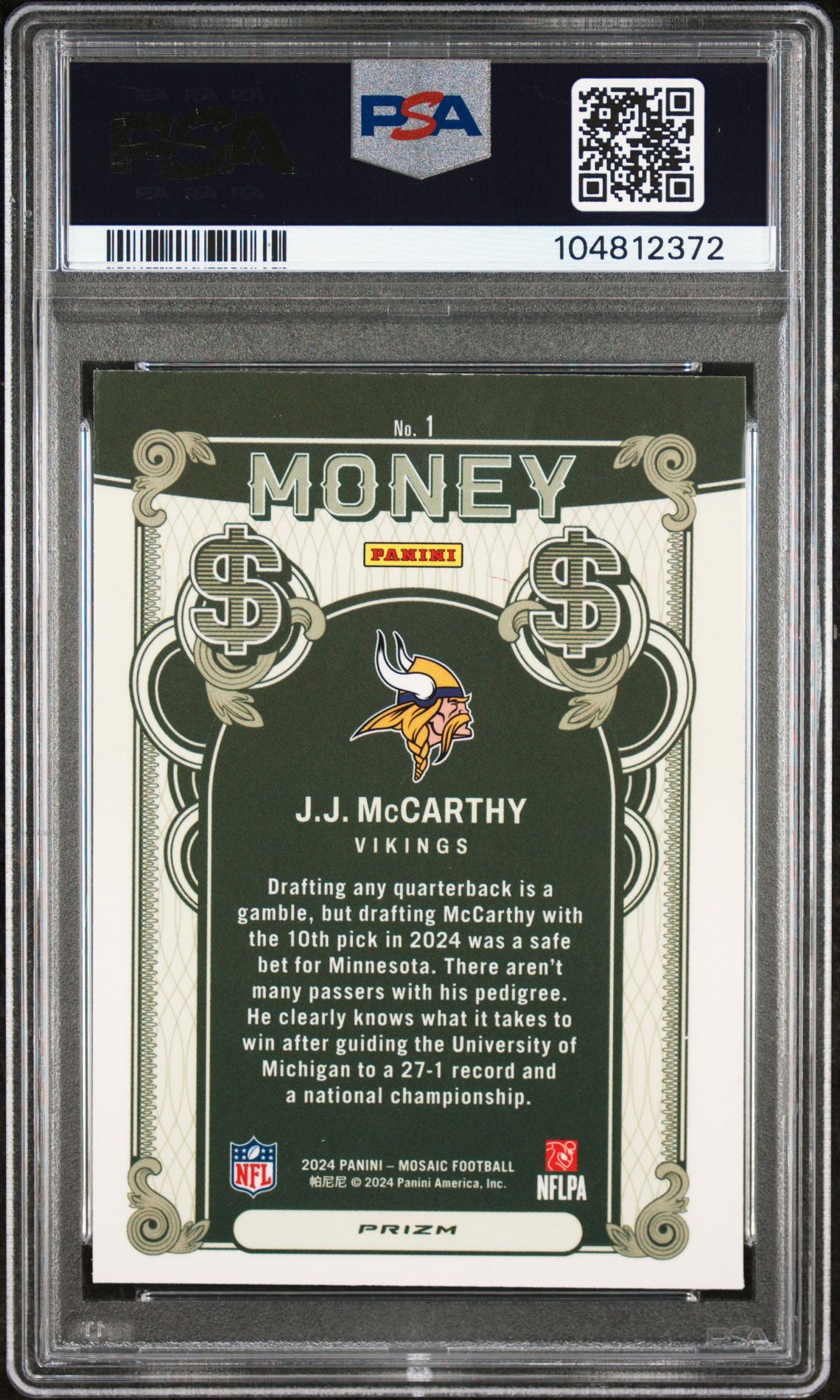 2024 Panini Mosaic Money Jj Mccarthy #1 Mint 9 back