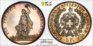 1872 5 Fr Zurich R-1731a MS62