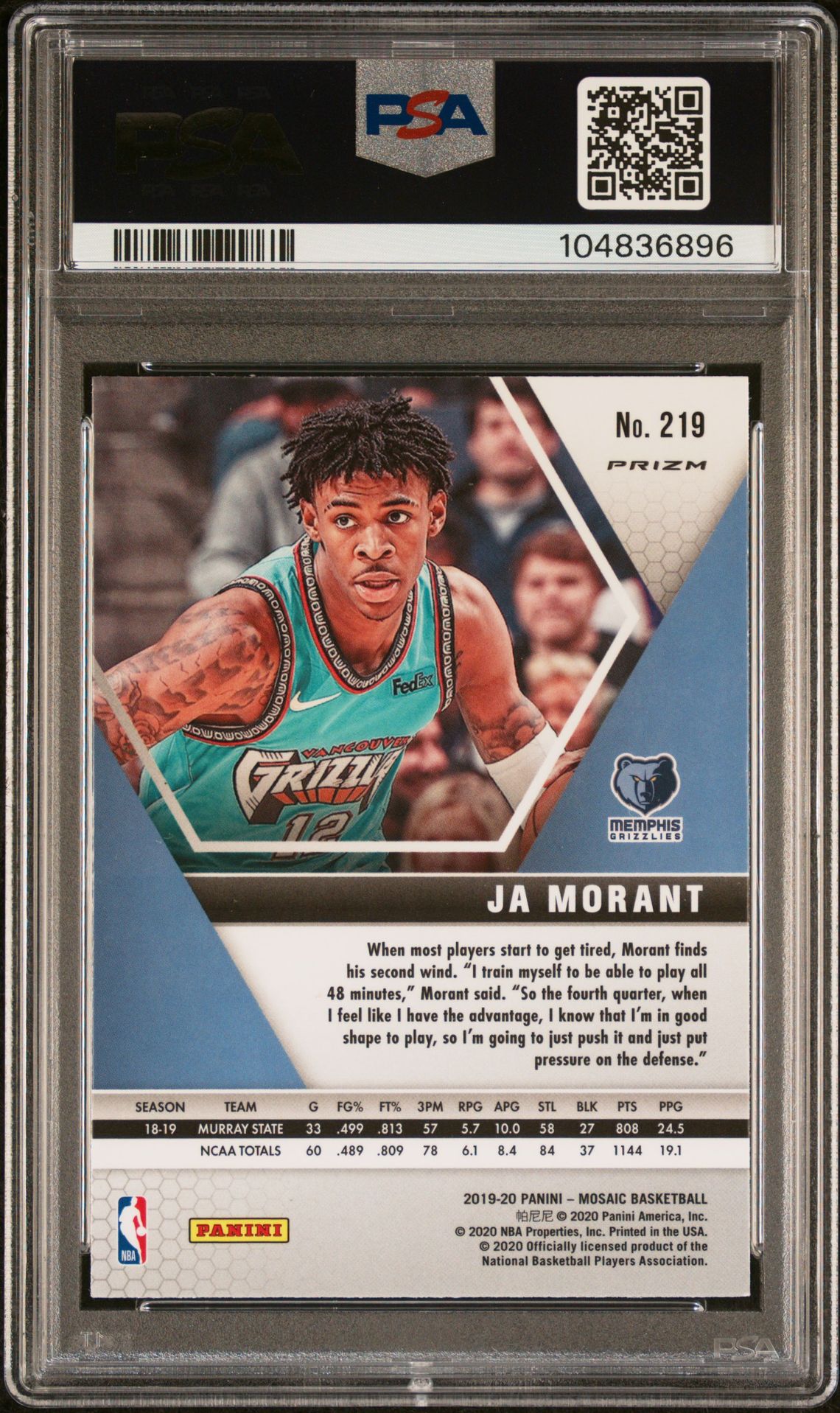 2019 Panini Mosaic Ja Morant #219 (Green Mosaic) Gem Mt 10 back