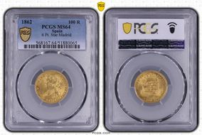 1862 100 R 6 Pt. Star Madrid KM-605.2  Au MS64
