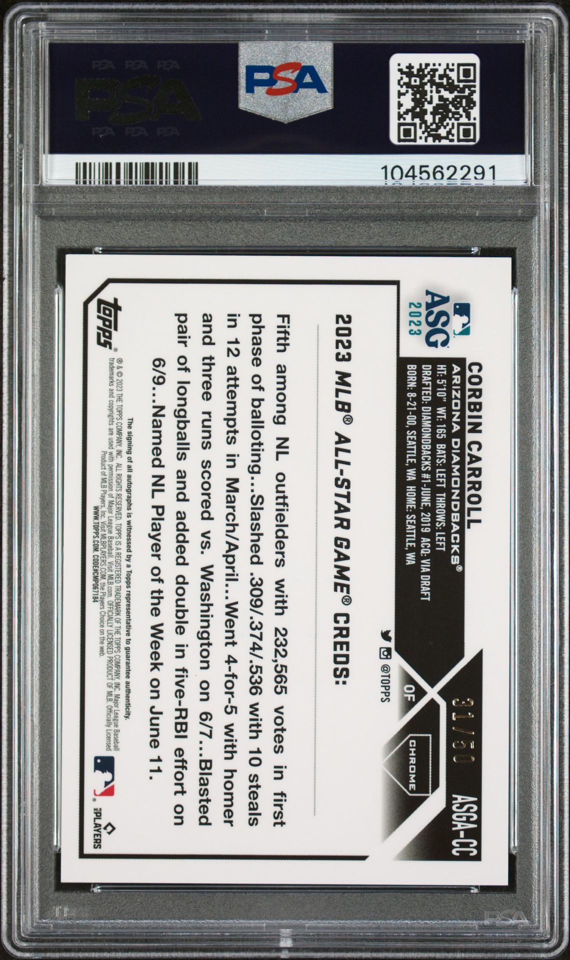 2023 Topps Chrome Update 2023 All-Star Game Autograph Corbin Carroll #Cc ('23 All-Star Game Au-Gld Ref) Gem Mt 10 back