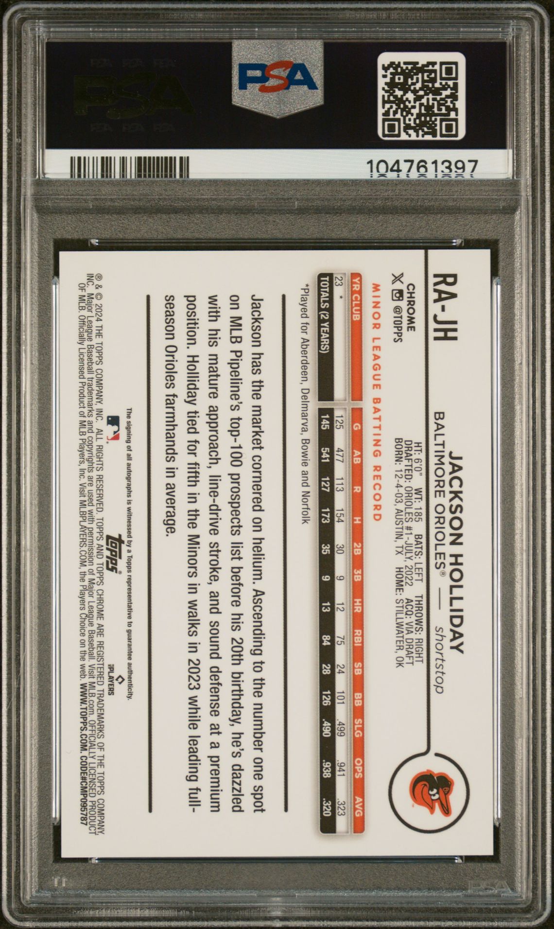 2024 Topps Chrome Update Chrome Rookie Autographs Jackson Holliday #Rajh (Rke Auto-Mag/Prp Lava Lamp) Gem Mt 10 back