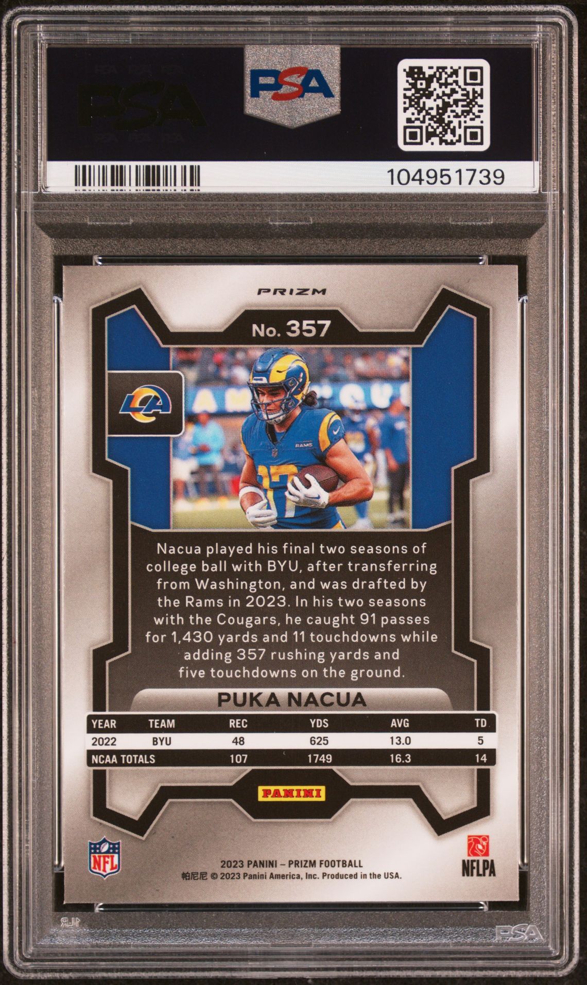 2023 Panini Prizm Puka Nacua #357 (Purple Pulsar) Gem Mt 10 back