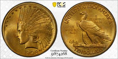 1908 $10 Motto MS63