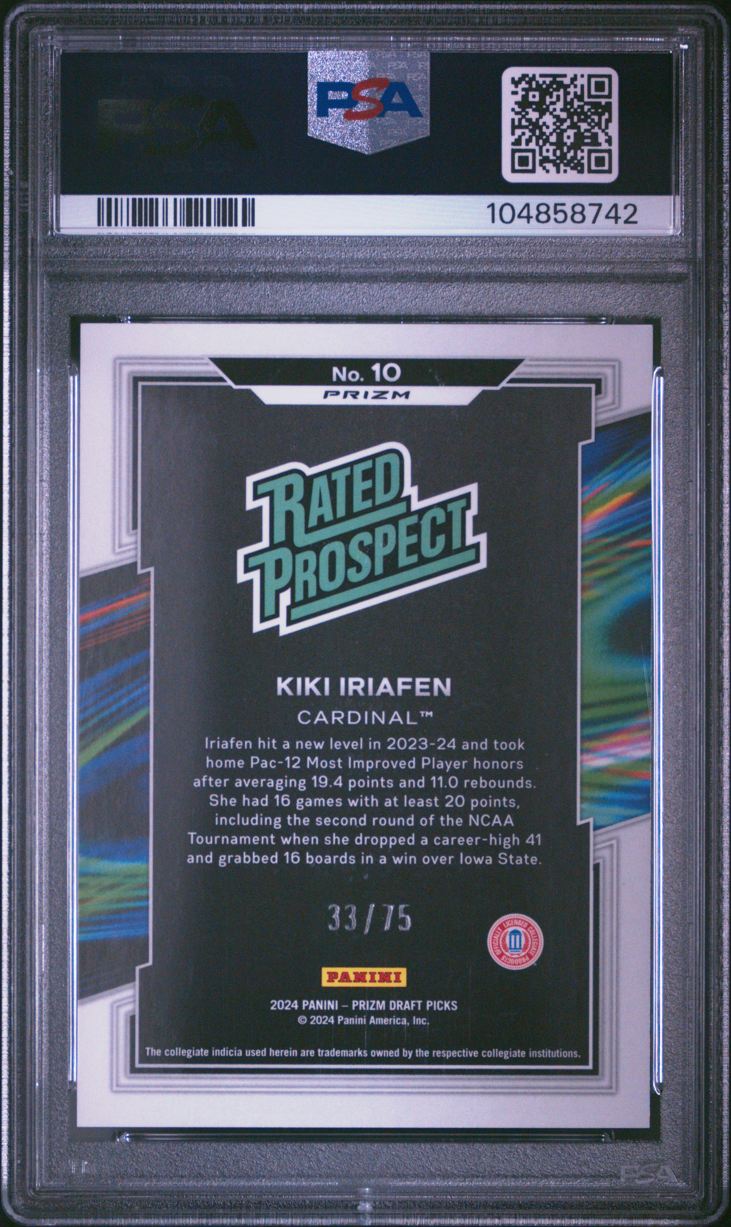 2024 Panini Prizm Draft Picks Rated Prospect Kiki Iriafen #10 (Rated Prospect-Purple Prizm) Mint 9 back