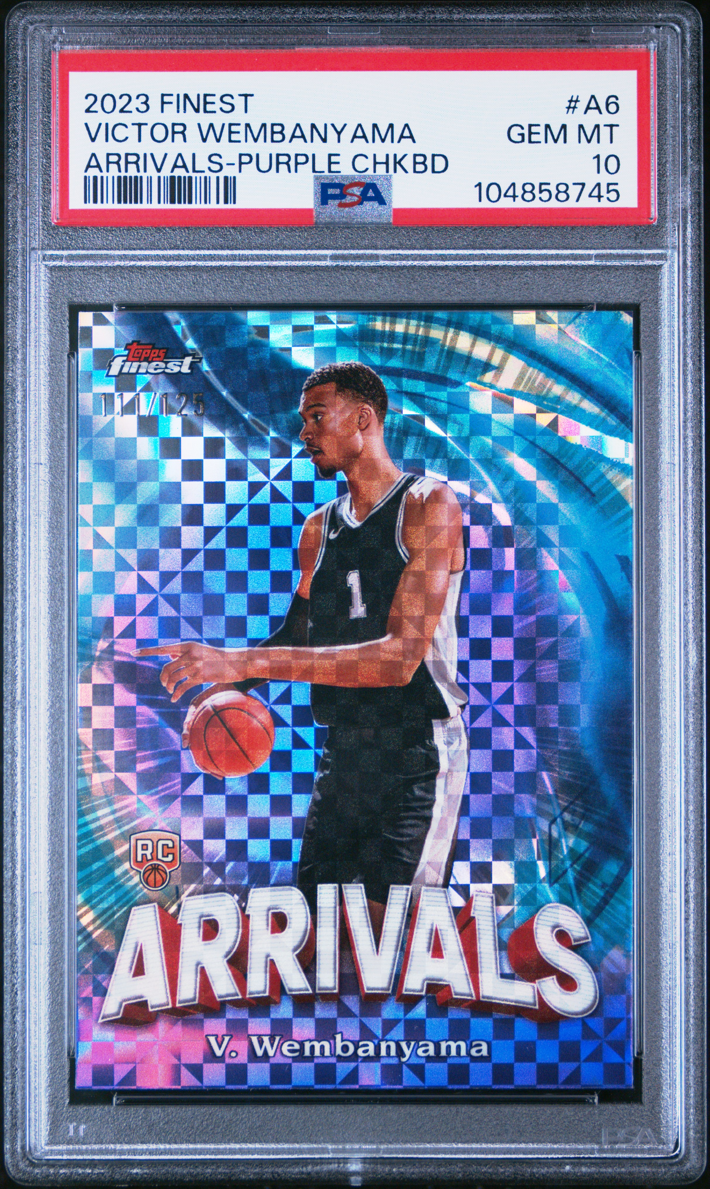 2023 Topps Finest Arrivals Victor Wembanyama #A6 (Arrivals-Purple Chkbd) Gem Mt 10 front